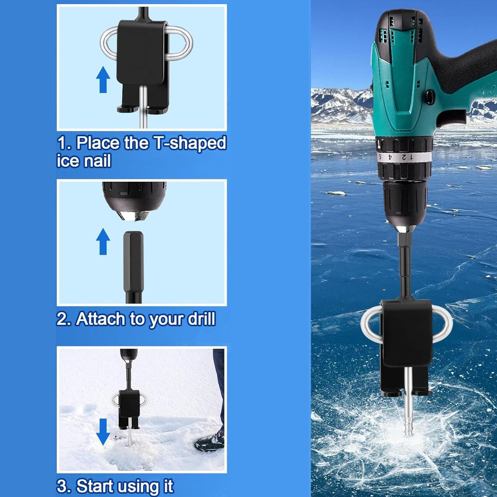 AALLYN Ancoraggio per Ghiaccio, Adattatore per Trapano per Ancoraggio per Ghiaccio | Coclea per Ghiaccio macinata con chiodo per Ghiaccio | per la Pesca sul Ghiaccio per picchetti filettati,