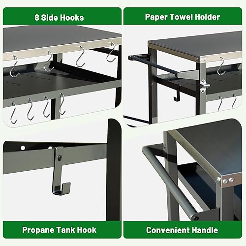 Vista 28 de Domi - Carrito de 3 estantes para parrilla al aire libre con ruedas, mesa para horno de pizza y mesa de preparación de alimentos, mesa de acero
