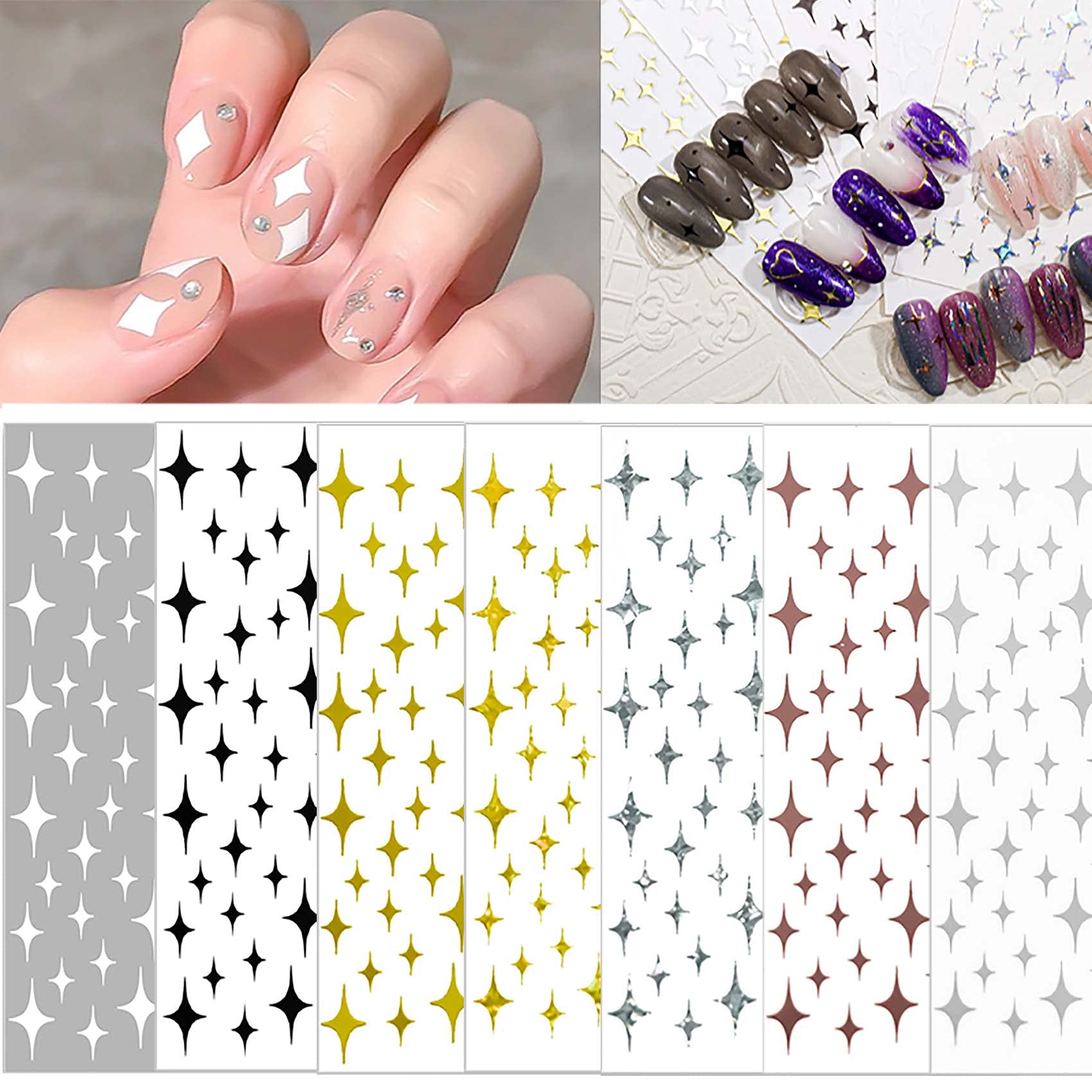 7 Sheets Sparkle Stars Nail Art Stickers, 3D Self-adhesive Laser Gold Silver Black White Rose Gold 4-pointed Star Nail Design For Acrylic Nail Supplies, DIY Nail Decorations Kits For Women Girls