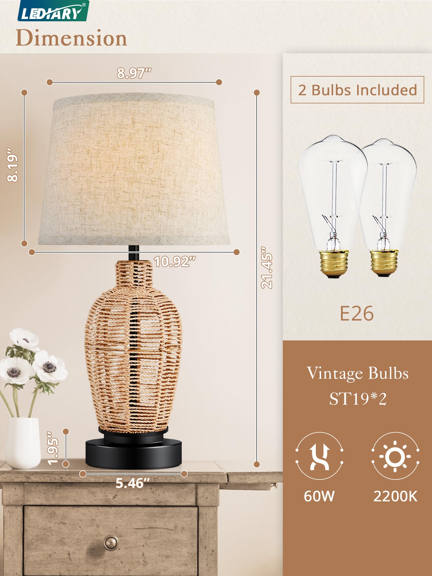 LEDIARY Boho Rattan Table Lamps with USB Ports and Outlets, 0100