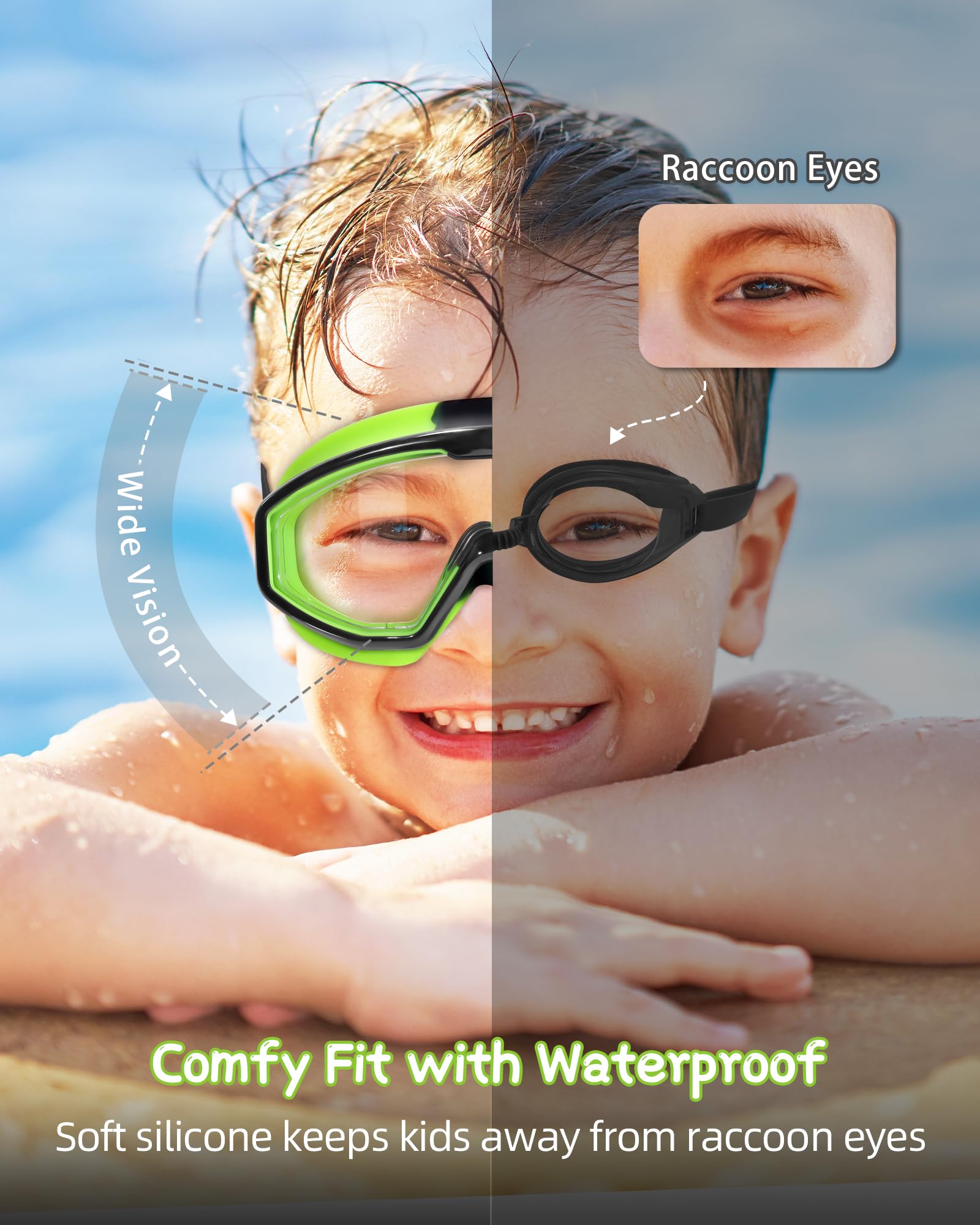 Water Space Occhialini Nuoto per Bambini 3-15, Vista Panoramica Anti Nebbia Nessuna Perdita Occhiali per Piscina e Spiaggia