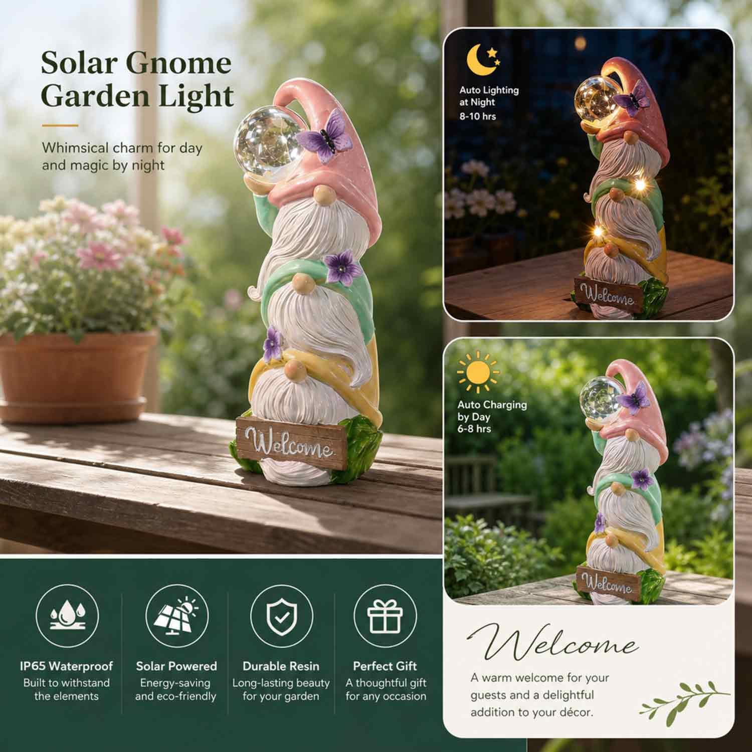 Statue di gnomi da giardino con luci solari, impermeabili per esterni, 3 gnomi primaverili impilati, sculture regalo di compleanno per donne, nonna, 30 cm, cartello di benvenuto