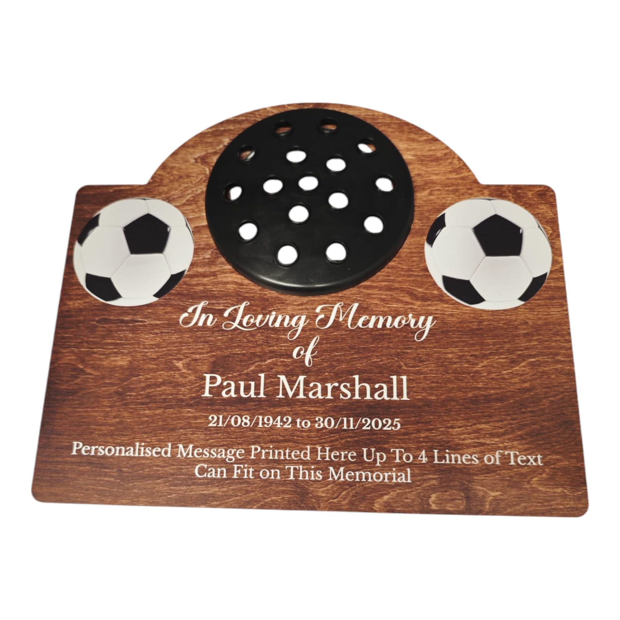 1stclassgifts Personalised Football Design Metal Grave Stone Marker Headstone Memorial Plaque In Memory Sign Remembrance Flower Pot Vase (UV PRINTED) (Dark Wood, Black Lid)