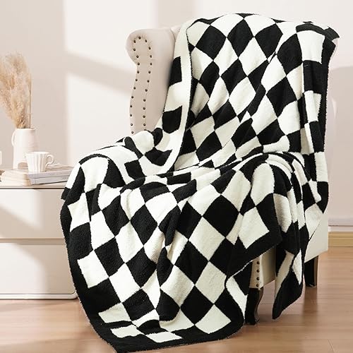 PHF Manta suave a cuadros, manta reversible de punto a cuadros, manta reversible suave y cálida para sofás y viajes de campamento. Negro, 50 x 60