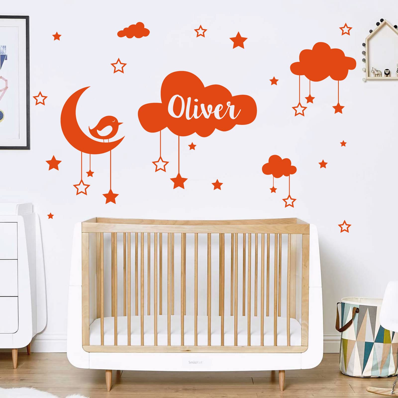 Personalised Name Baby Wall Sticker - Clouds, Stars, Moon & Bird [Large] [Orange]