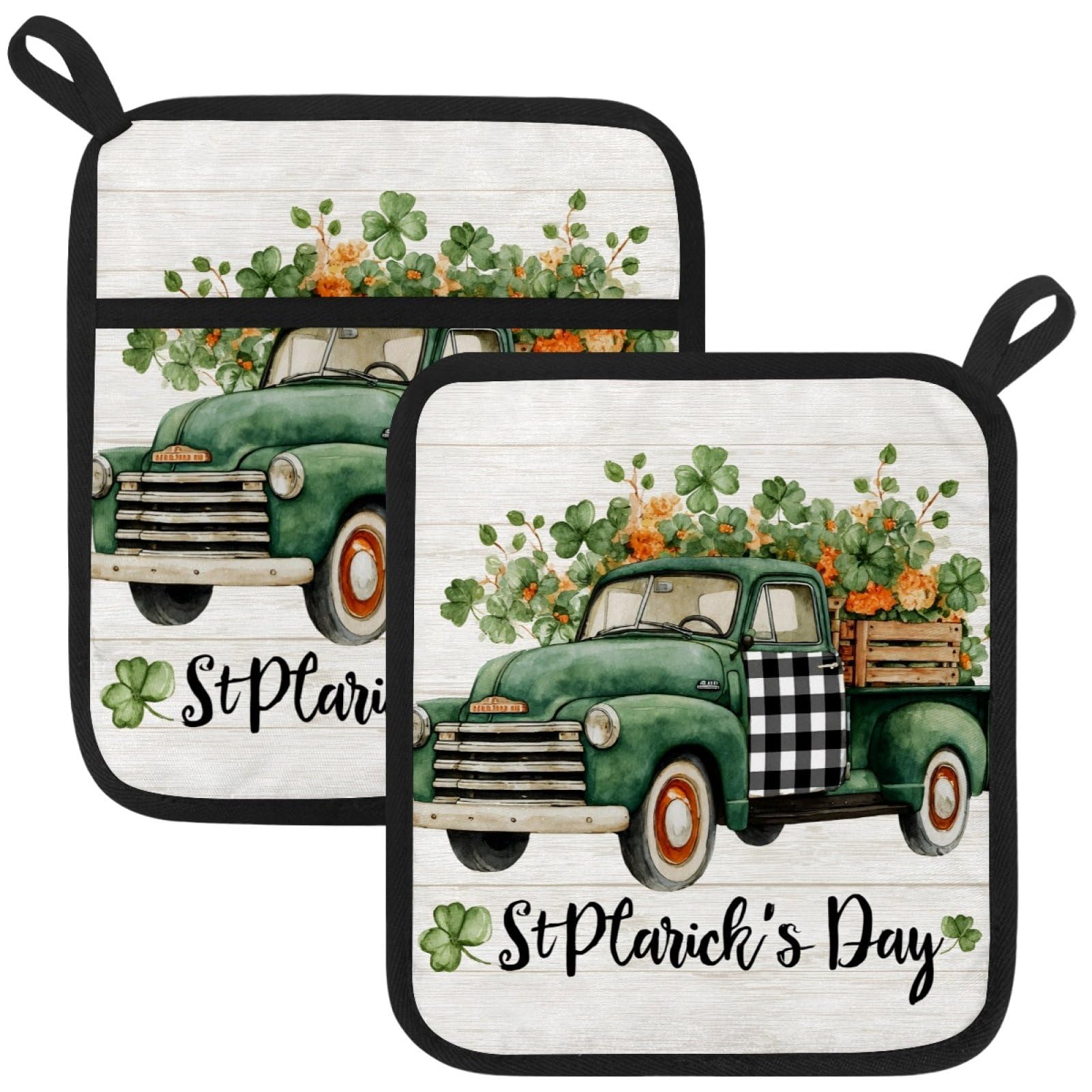 VAPOKF St. Patrick's Day Truck Heat Resistant Pot Holders, Thick Pot Holders Pad with Hanging Loop for Kitchen, Oven Cloth Pads for Kitchen Baking Microwave Oven