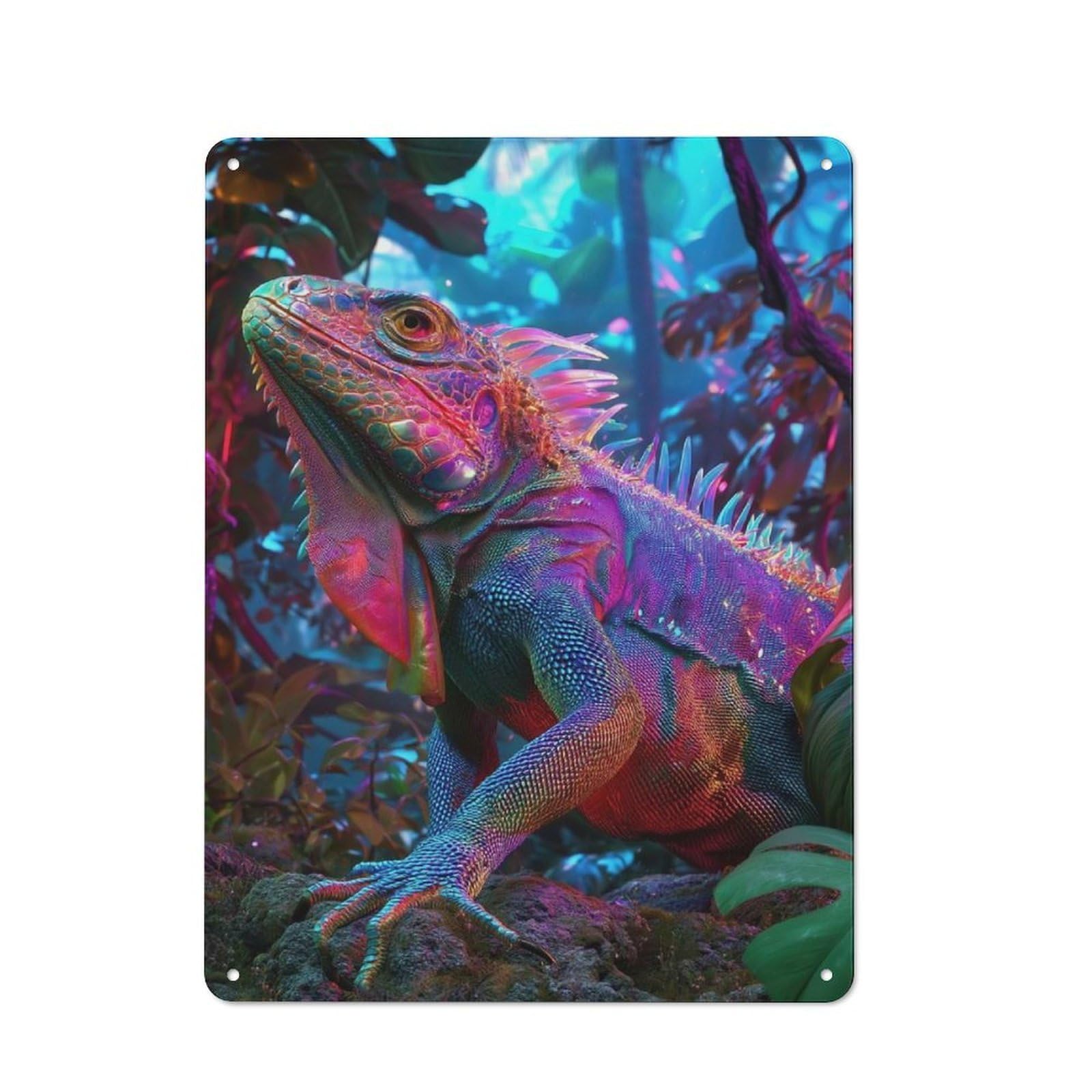 Vibrant Iguana in Neon Jungle Printed Metal Sign 40x30cm for Pub Or Café, for Everyday Room Decor with A Retro Look