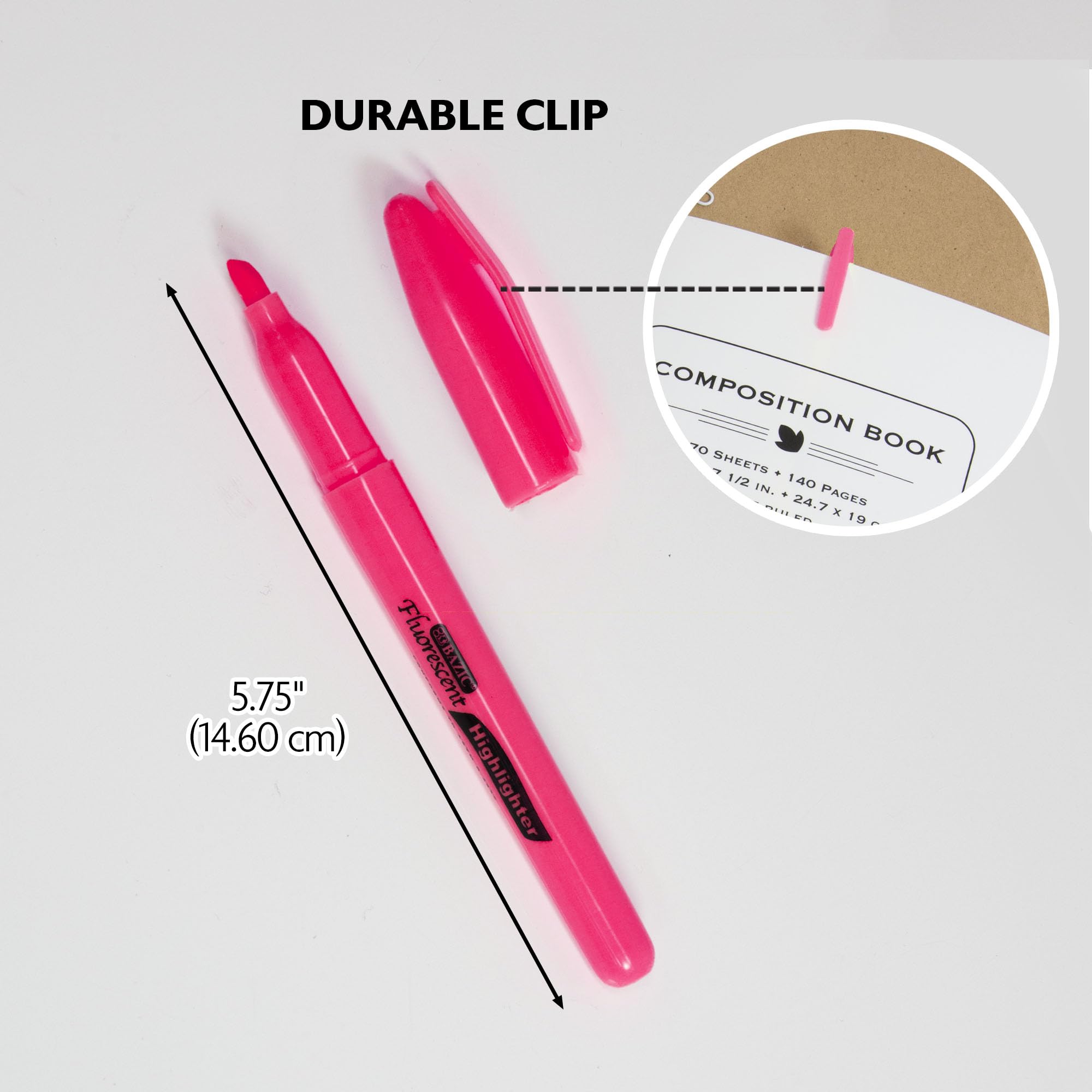 Bazic bolígrafo estilo rotulador fluorescente con clip de bolsillo, 5 por paquete
