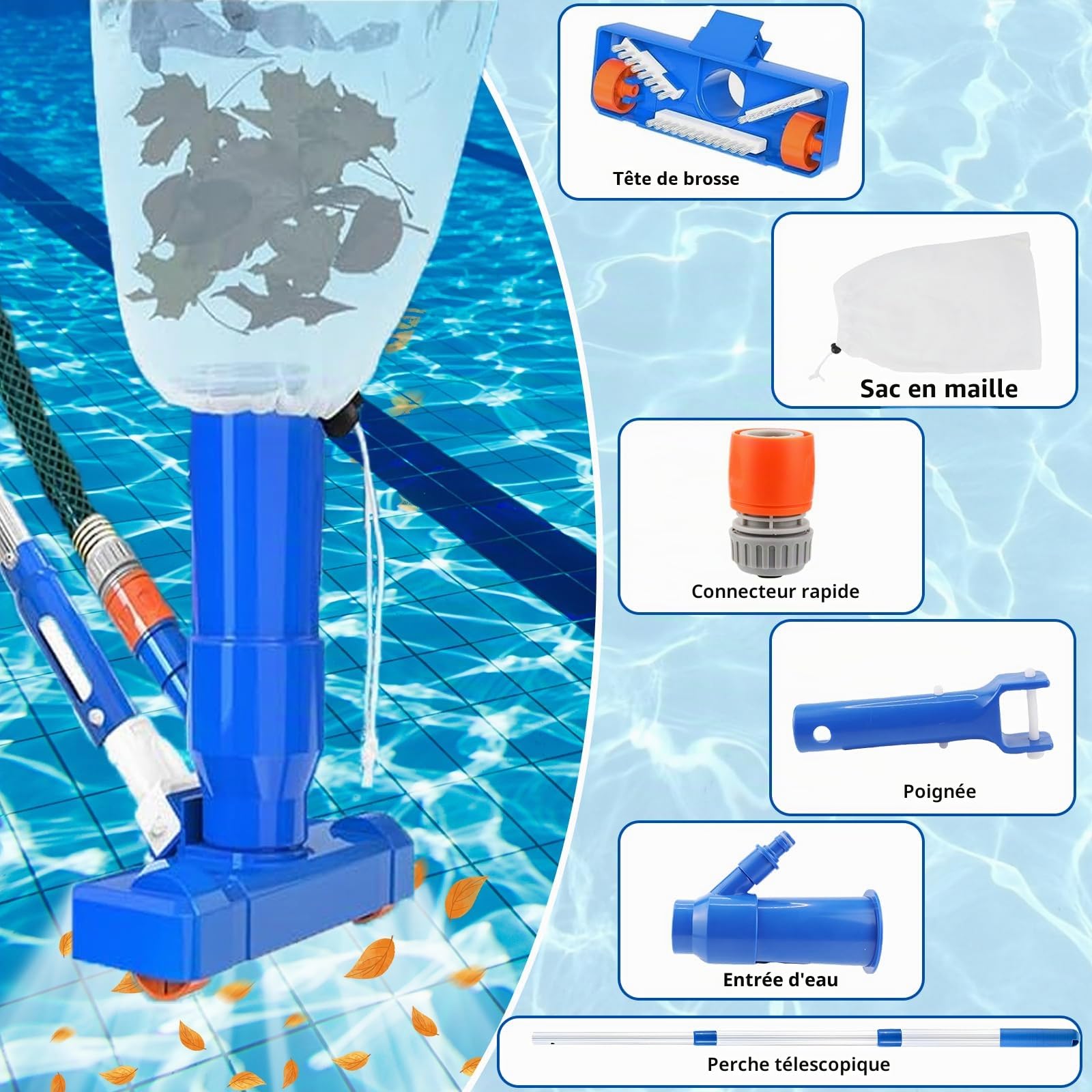 Kit aspirateur de piscine portable Jet Vacuum Head avec tige télescopique, kit de nettoyage avec brosse à récurer et filet de skimmer pour le nettoyage des feuilles, de la saleté, du sable, de la boue
