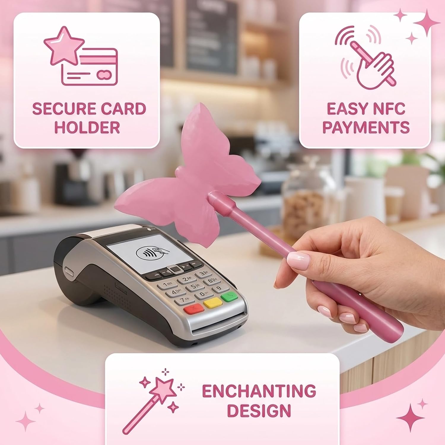 Credit Card Wand, Tap to Pay Wand for Contactless Payment, Fairy Wand Card Holder with Secure Hidden Slot, Wand Credit Card Holder for Drive-Thru and Crowded Counters, Pink Butterfly Design