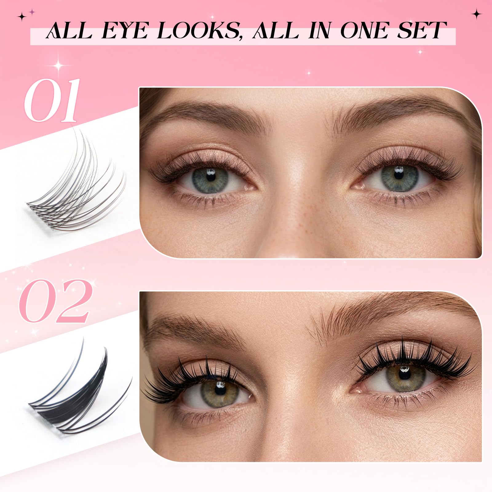 INPING zestaw do przedłużania rzęs, 2 style Naturalne Cluster Lashes na przezroczystym taśmie, zestaw Fairy Wispy Manga Lashes Extension z pincetą Lash Bond and Seal do przedłużania rzęs w domu DIY, 8