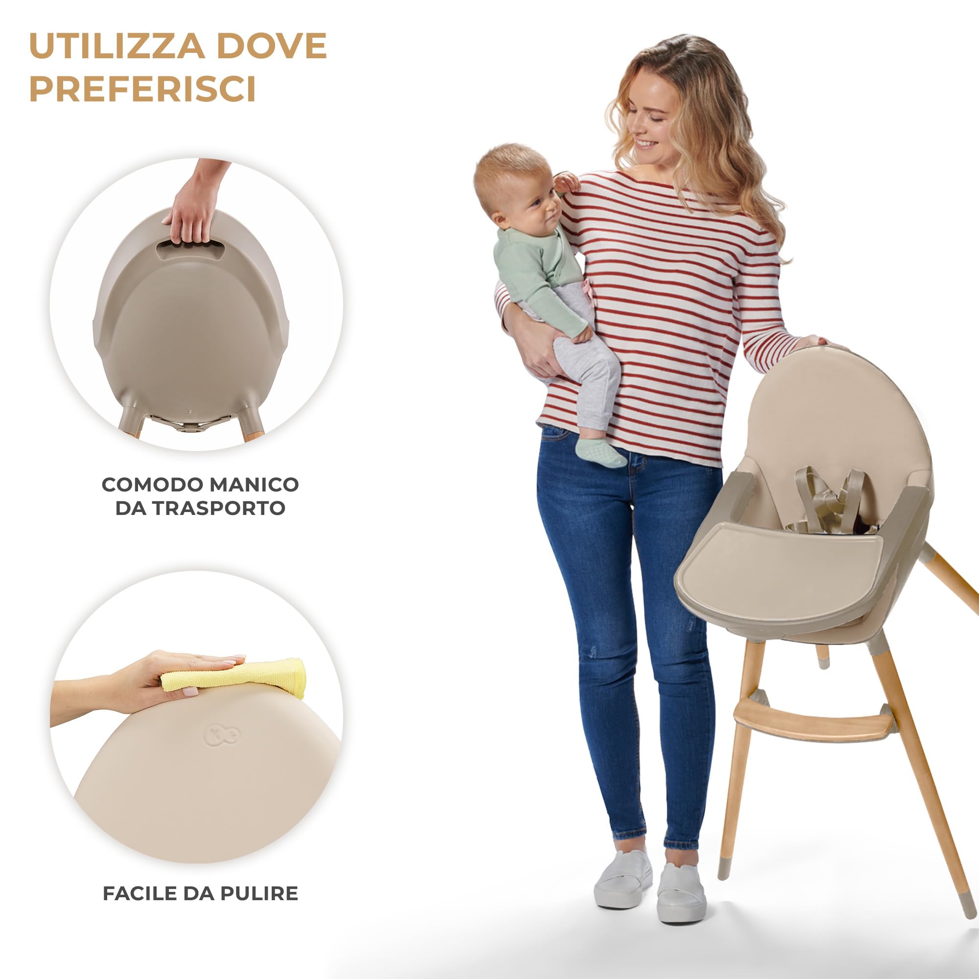 Kinderkraft FINI 2 Seggiolone Pappa 2 in 1, Rialzo da Sedia, Poggiapiedi Vassoio Regolabile, per Bambini da 6 Mesi fino 5 Anni, Beige