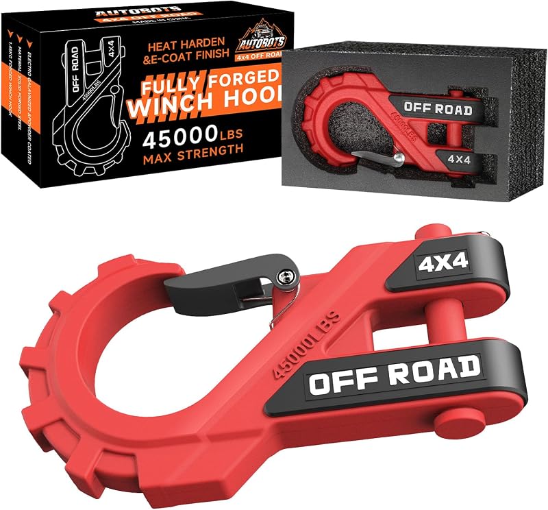 AUTOBOTS 3/8" Winch Hook with Safety Latch Red | Forged Steel, Heavy Duty, Max 45,000 Lbs, Winch Cable Rope Clevis Slip Hook, Tow Accessories for ATV UTV SUV
