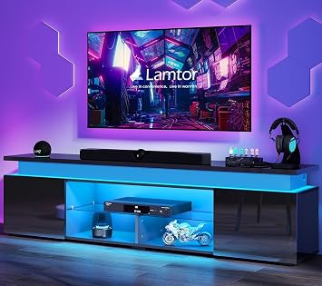 Lamtor TV-Stand for 85 Inch TV - Led TV Stand with Power Outlet, Modern Entertainment Center with Glass Shelf, High Glossy Gaming TV Media Console for Living Room, Black