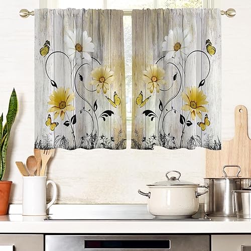 Miniatura 10 de AAtter Cortinas florales amarillas para ventana de cocina, diseño abstracto de margaritas blancas botánicas, pequeñas y cortas, para el hogar, sala