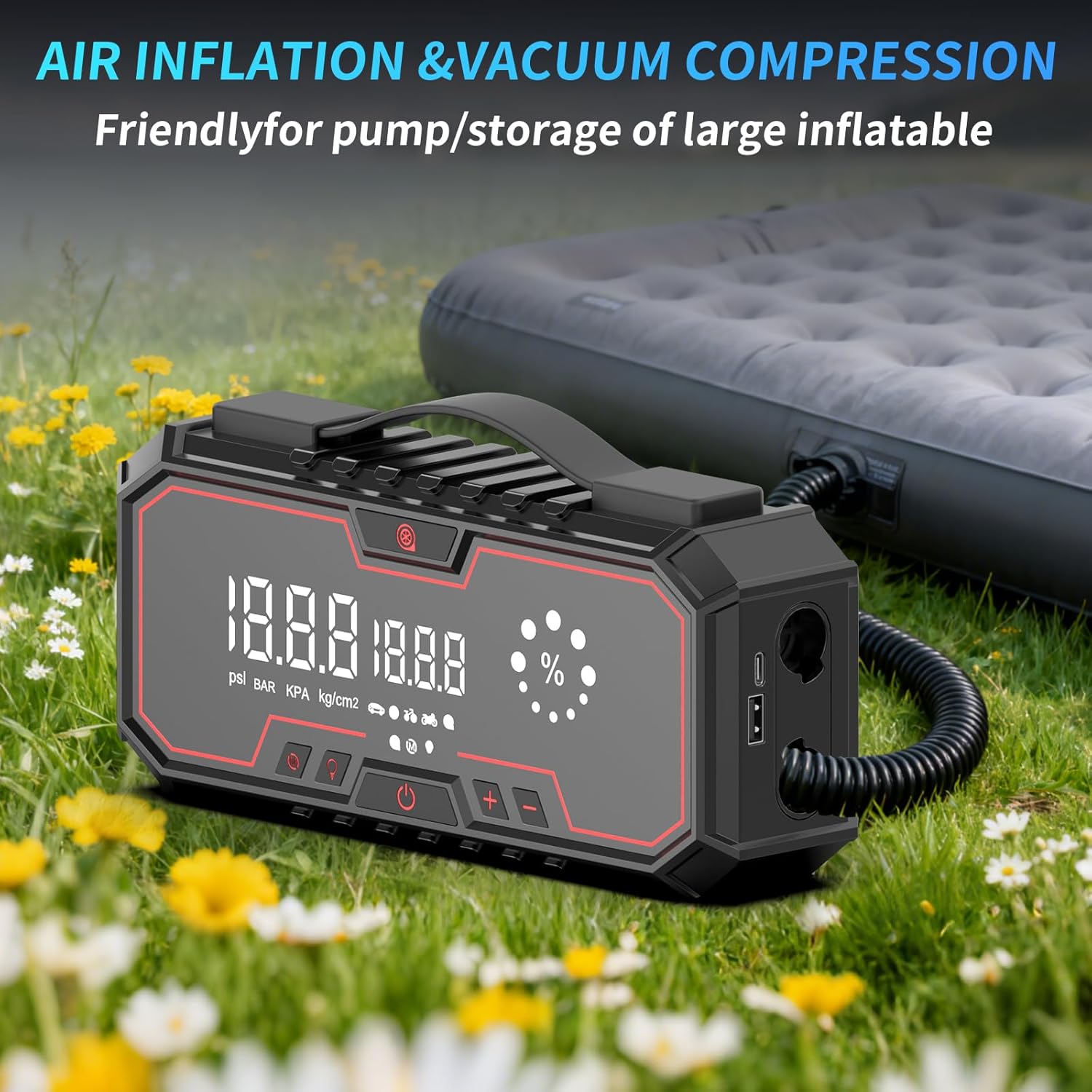 Jump Starter with air Compressor, 5000A Emergency Starter Jump Box (Gas 9L/Diesel 8L), Jumper Cable Jump Starter Portable with air Compressor 160PSI, car Roadside Emergency kit, SOS Light