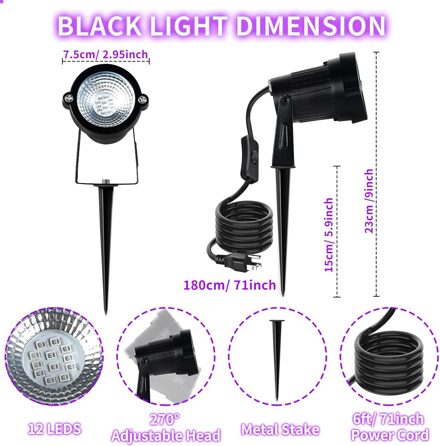 Black Light Spotlight Outdoor, 15W LED Blacklight IP66 Waterproof Landscape Lighting with Stake 6Ft Cord Switch, Black Lights for Glow Party, Fluorescent Poster, Yard Garden, Stage, Halloween, 6 Pack - 1 glass broken