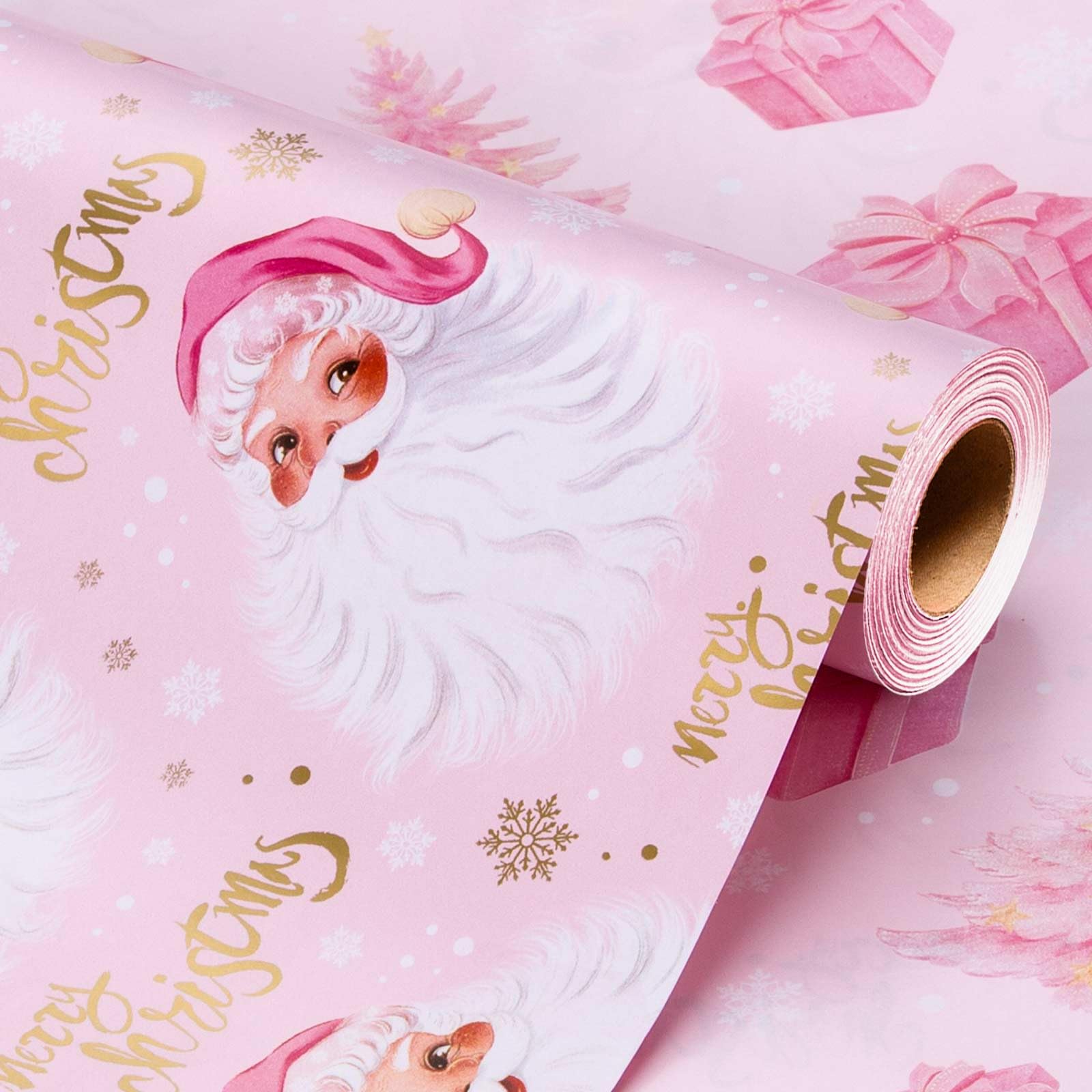 Wikadlik Christmas Wrapping Paper Roll - Cute Santa Claus Wearing Pink Hats and Tree Gift Box Pattern on Reverse - 43cm x 10m