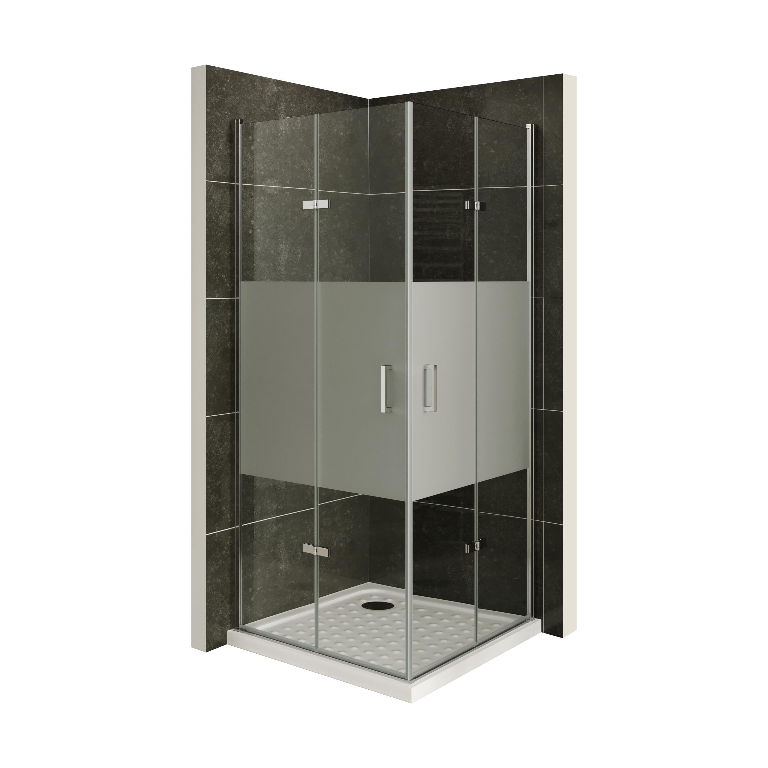 Mampara de Ducha Matilde | 95x75x190cm | NO REVERSIBLE | Puerta plegable | Ajuste 93,9-95,4 x 73,9-75,4cm | Perfiles Cromados, Cristal parcial satinado de 6 mm - Moments of Glass