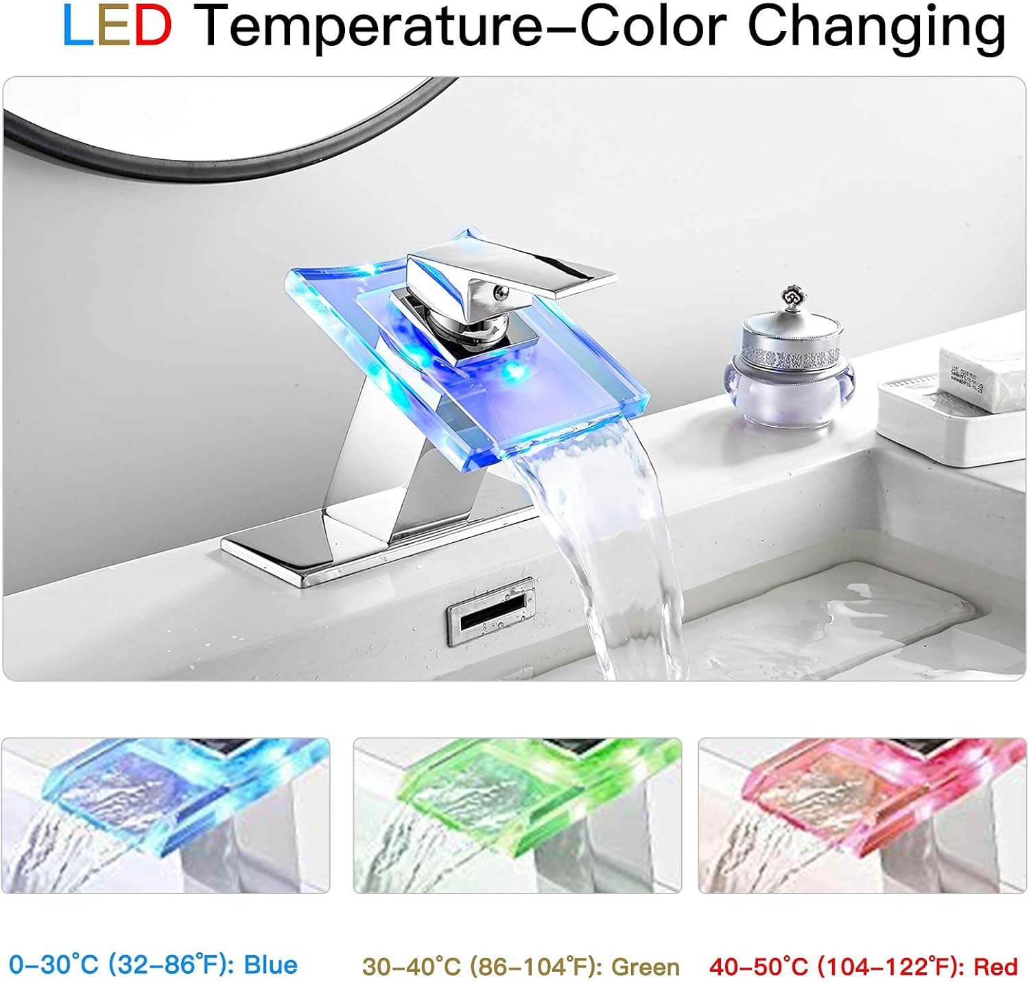 Bathroom Faucet LED Light Waterfall 3 Colors Changing Glass Spout Bathroom Sink Faucet Chrome Single Handle Pop Up Drain with Overflow