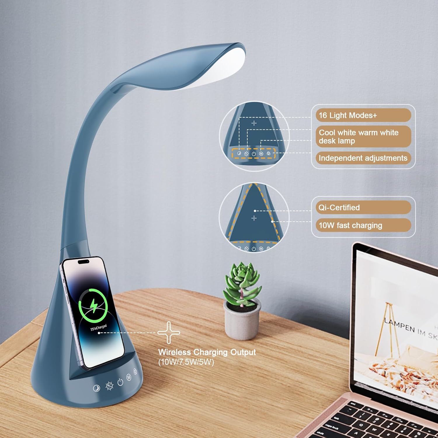 LED Desk Lamp with Touch Control and 360 Degree Gooseneck 9 Lighting Modes with 5 RGB Colors for Home Office Reading Light (Blue)