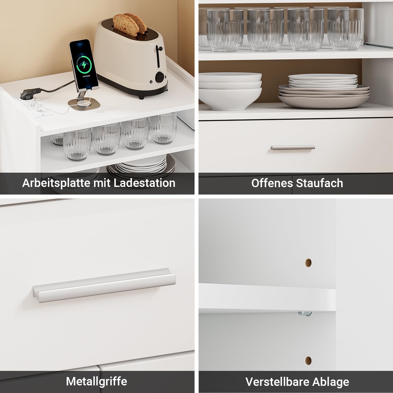 SoBuy Mikrowellenschrank mit 4-in-1-Ladestation für Küche 61,5×40×92 cm | Küchenwagen mit Arbeitsplatte, flexibel mit 4 Rollen (2 feststellbar) oder 4 Standfüßen nutzbar, aus PB und MDF, FSB09-E-W