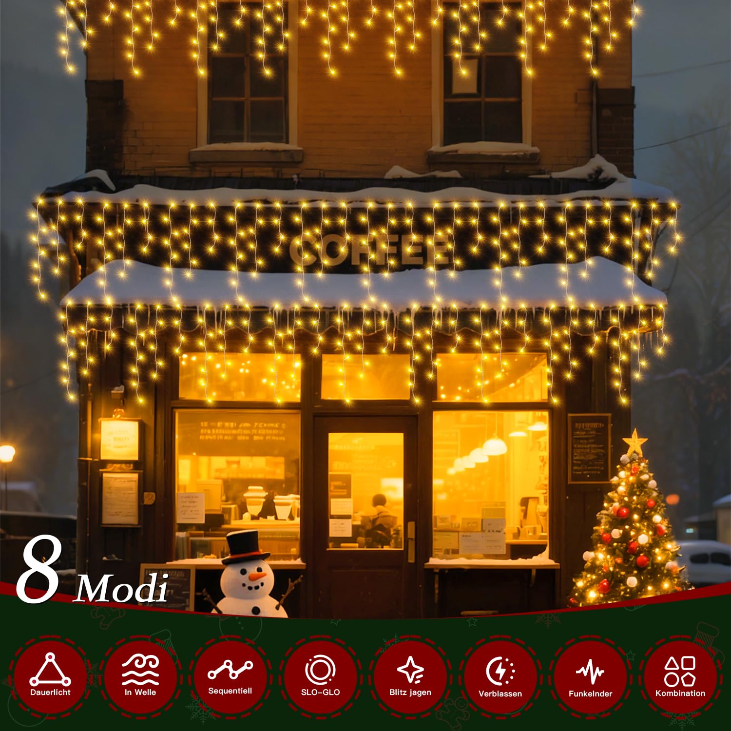 Eisregen Lichterkette Außen Warmweiß 486 LEDs, Fernbedienung, 4 Helligkeitsstufen, 8 Modi, Timer, IP44, 12m, Weihnachtsbeleuchtung für Balkon, Fenster, Garten