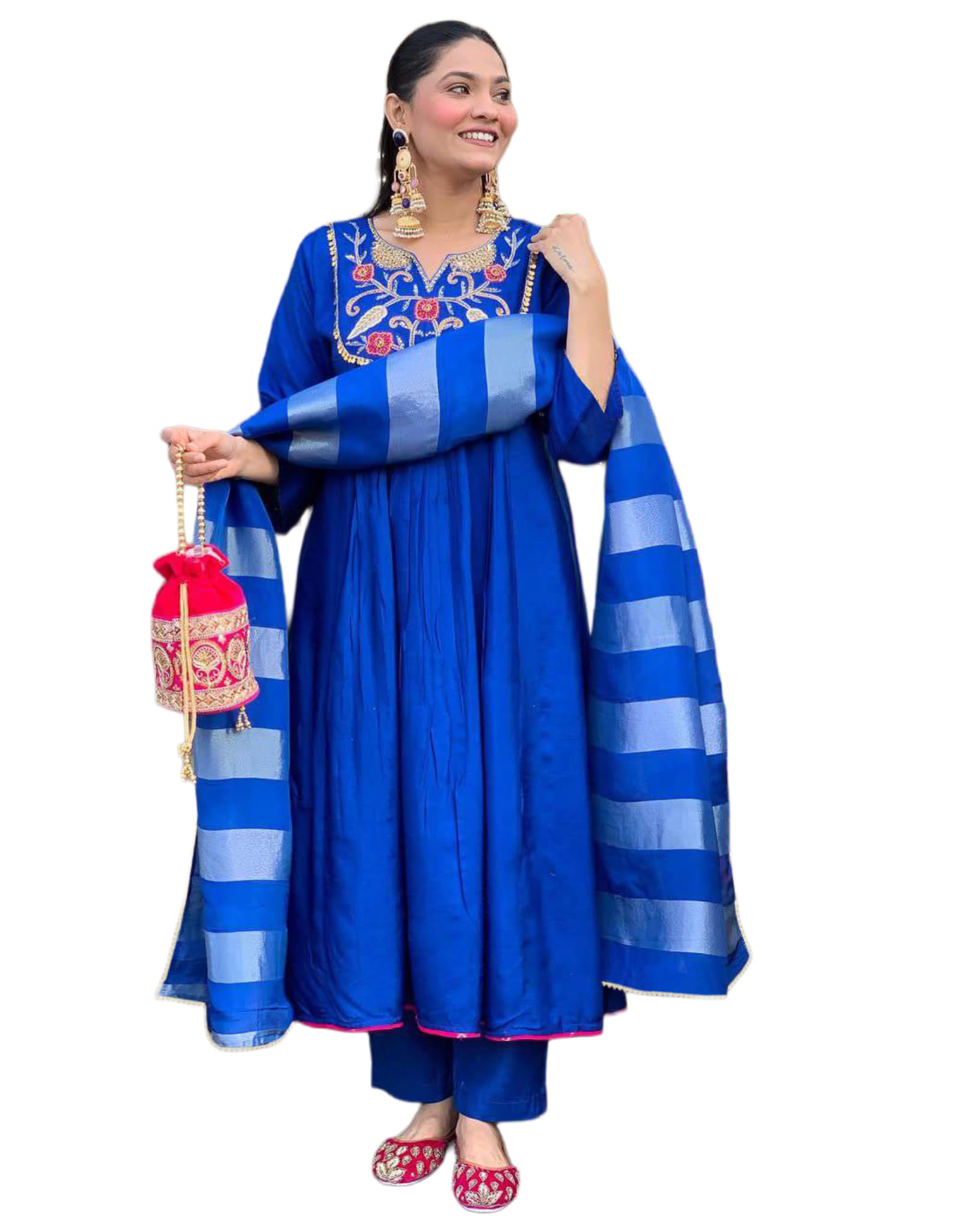 gosriki Women's Rayon Viscose Embroidery Anarkali Kurta with Pant & Dupatta-picture-19