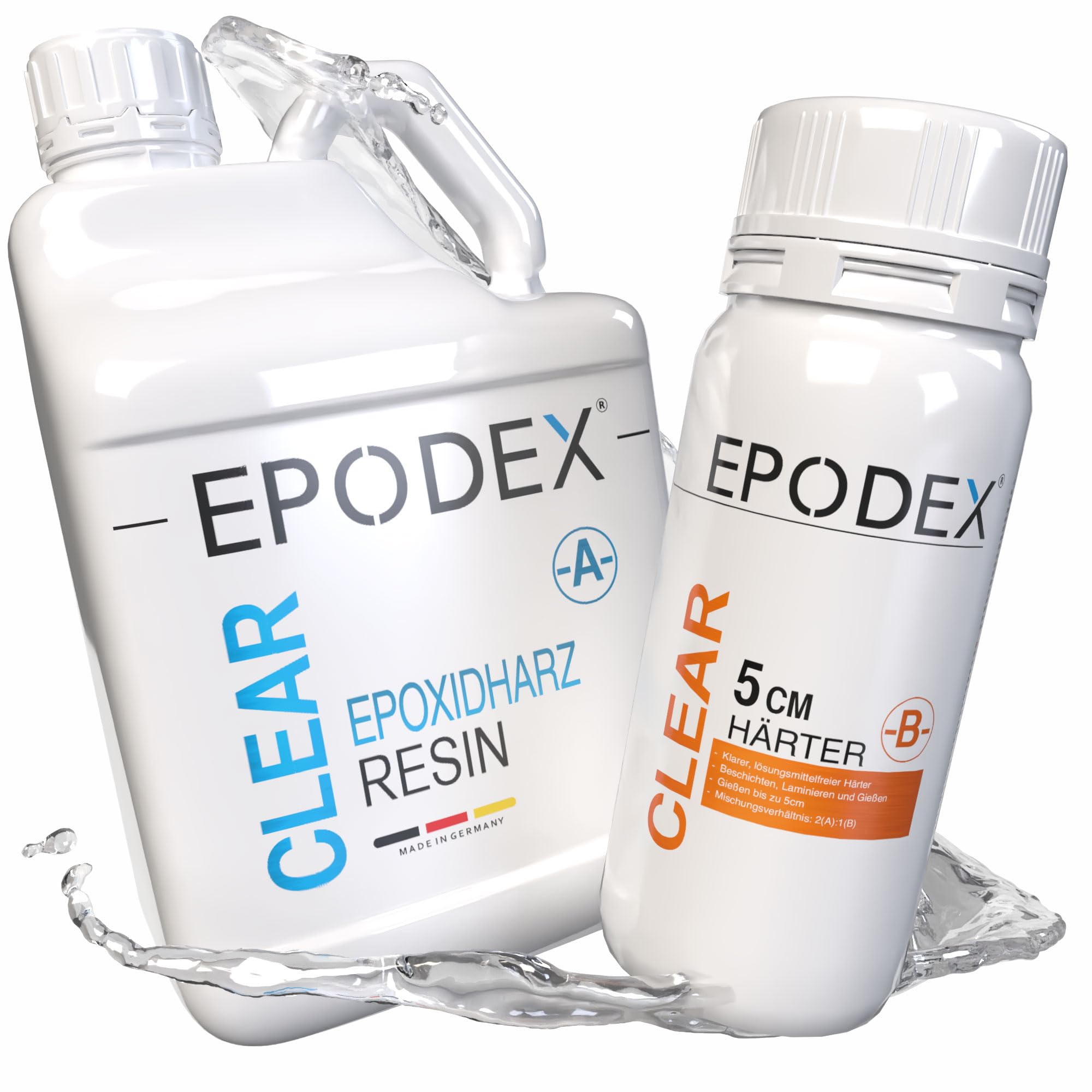 EPODEX Epoxidharz Set ECO+ | klares Epoxy Resin für Gießhöhen bis 5cm | Gießharz-Set ohne oder mit Farbpigmenten | für River-Tische, Lampen, Projekte mit hohen Form- und Gussteilen und vieles mehr