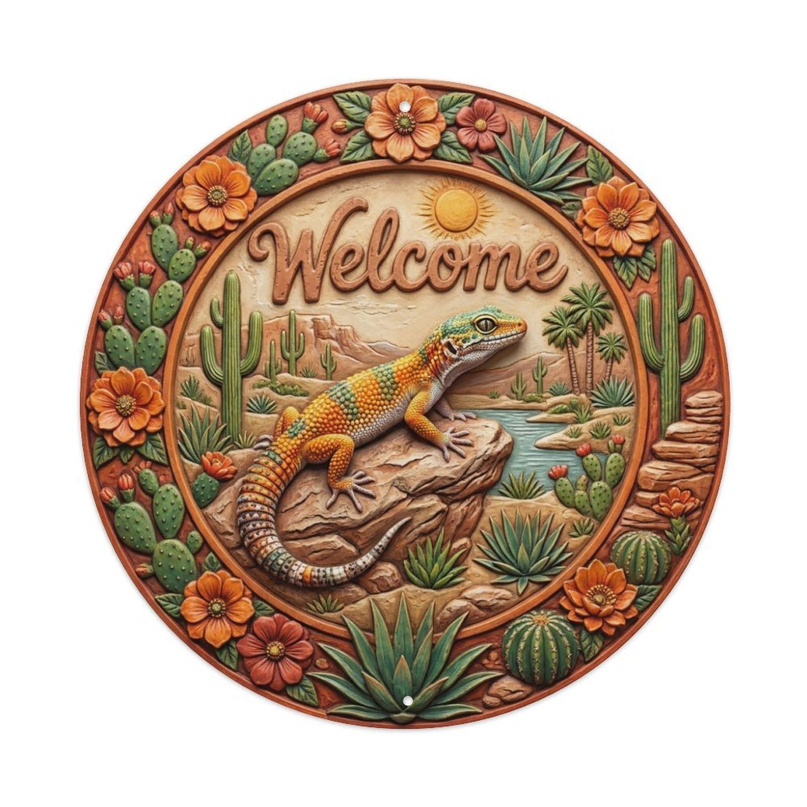 Metal Tin Sign Gecko Desert Welcome Cactus Oasis