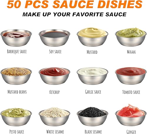 Miniatura 6 de Tanlade 50 cuencos de metal redondos de acero inoxidable para condimentos, mini platillos, platos pequeños para sushi, platos de preparación de