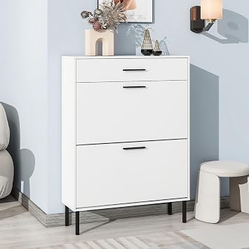 Narrow Shoe Cabinet with 2 Flips Drawers and Pull-Out Drawer, Slim Shoe Rack Cabinet Small Shoes Organizer Cabinet for Entryway