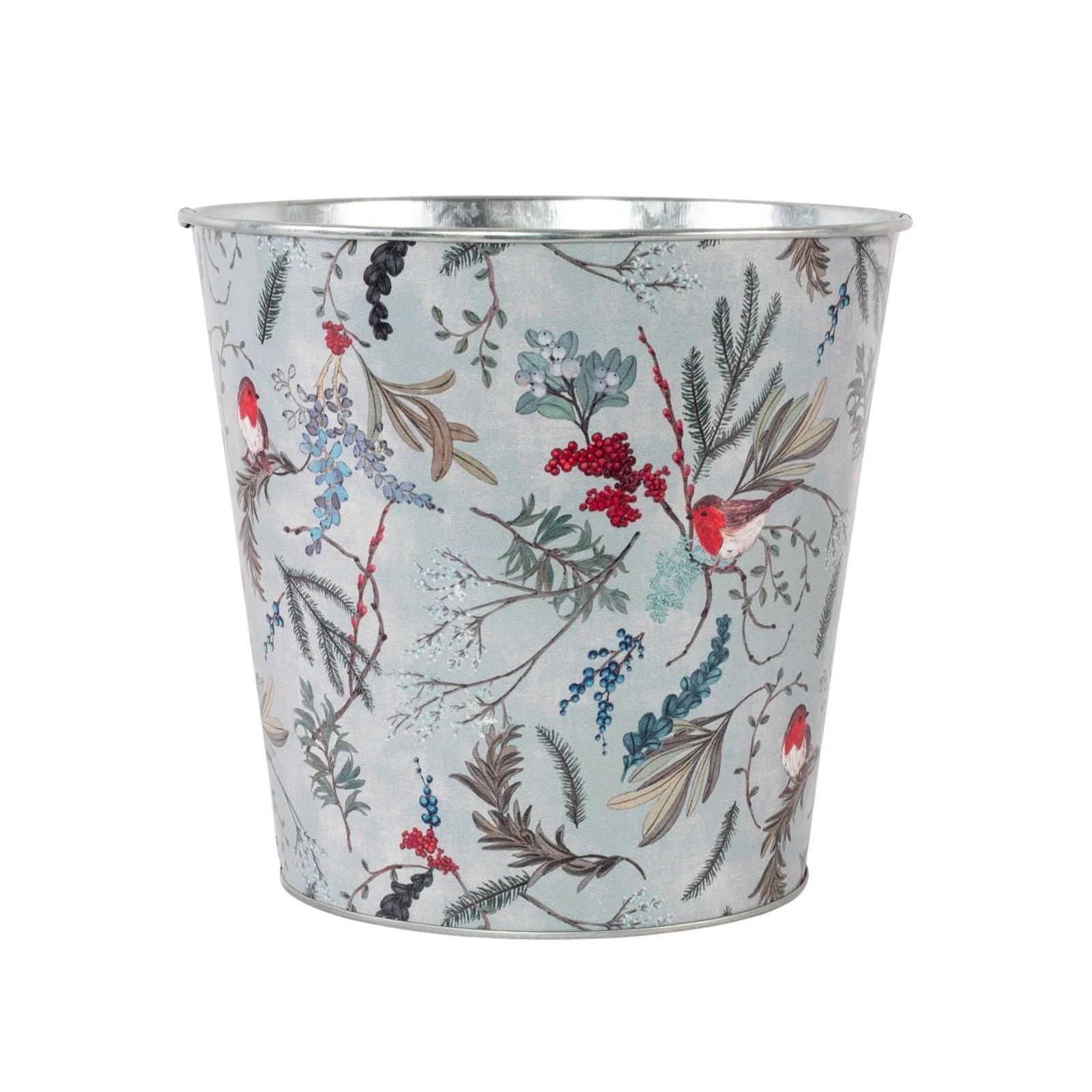 Fyne-Finds Tin Pail Plant Pot Robin Floral Design 14cm,5.5inch Christmas Metal Planter Xmas Bucket Home (White 1 Piece)