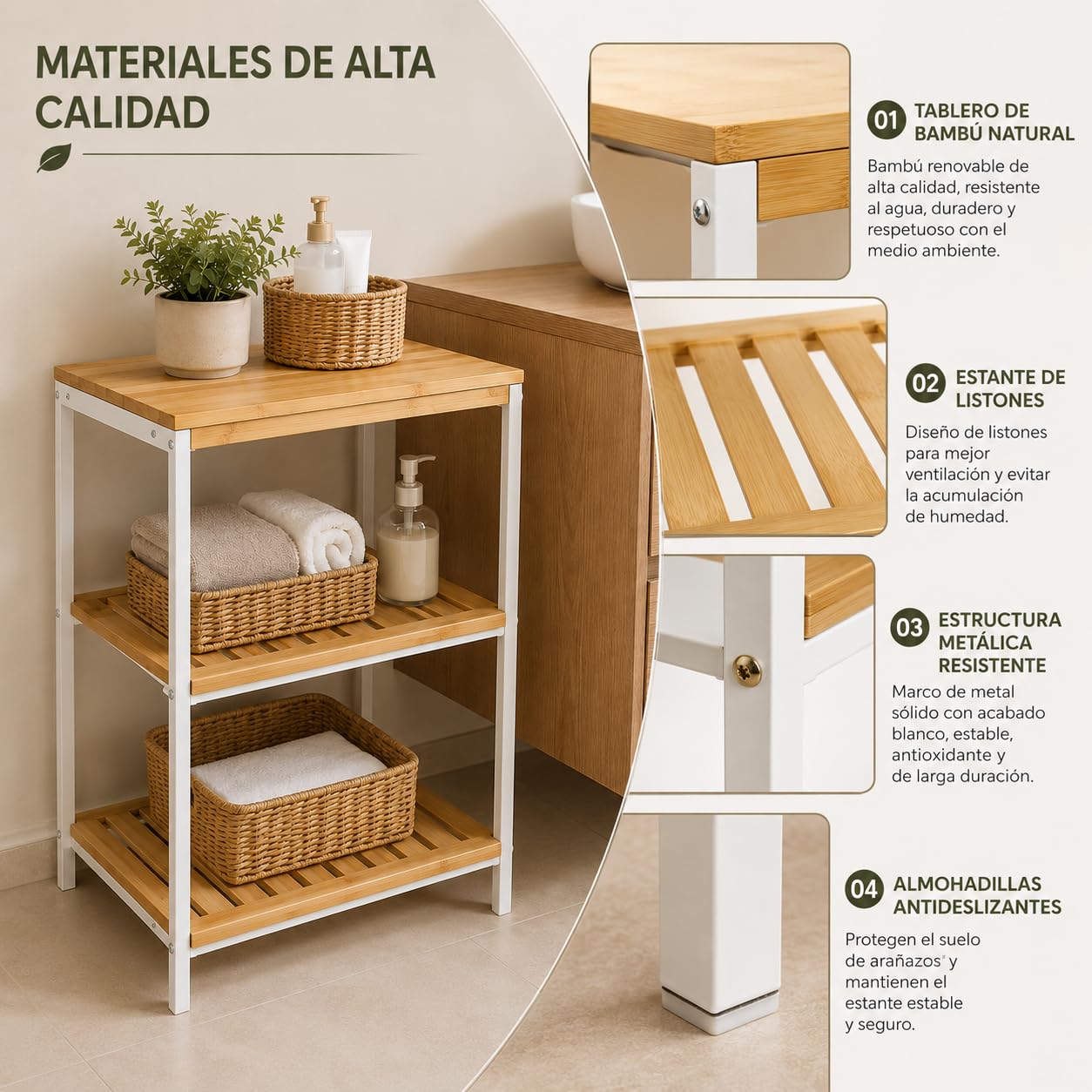 Estantería de Bambú con Marco de Metal de 3 Niveles 40x60x30cm Desmontable - Estantería Organizador para Baño, Salón, Dormitorio de 3 Estantes