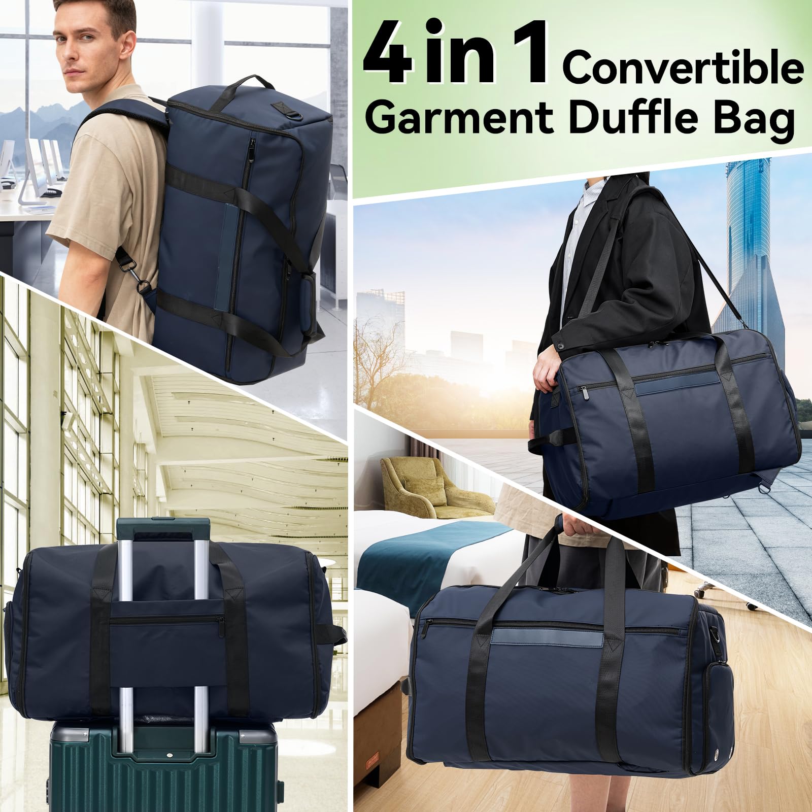 GARPROVM Sac de voyage 4 en 1 convertible, sac à vêtements avec compartiment à chaussures amovible, sac à costume, pliable, sac à dos, sac à dos, sac à vêtements, sac à vêtements pour le week-end