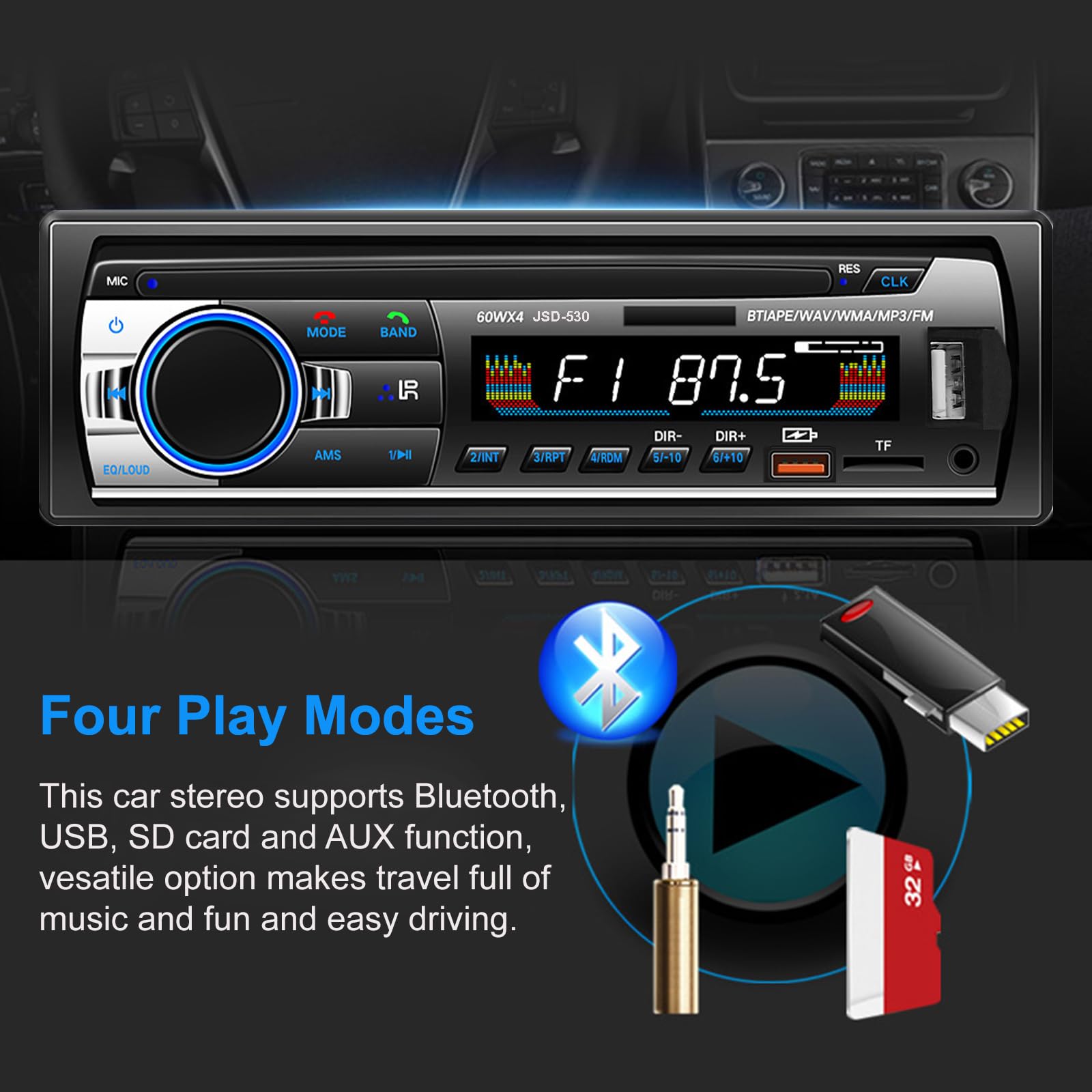 Autoradio Bluetooth 5.0, 4x60W 1 Din FM Auto Radio mit Freisprechfunktion, Stereo-Sound mit Uhr/Fernbedienung/Doppel-USB/LCD Bildschirm Unterstützt 2 USB/AUX/SD/TF/EQ/DSP