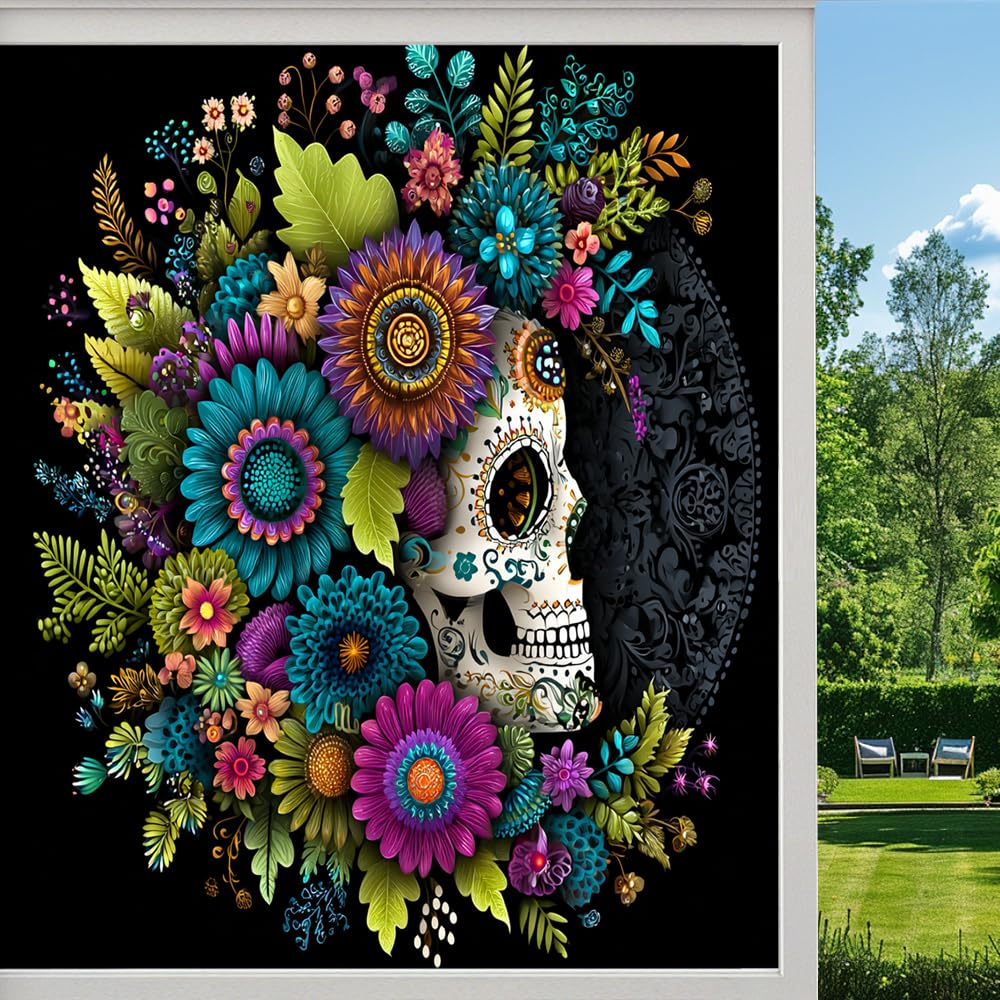 Gothic Skull Privacy Window Film, Dark Flower Skull Horror Bones Frosted Self-Adhesive Vinyl Cling for Glass Doors Bathroom Windows Sun Blocking Heat Control, （55x120cm）