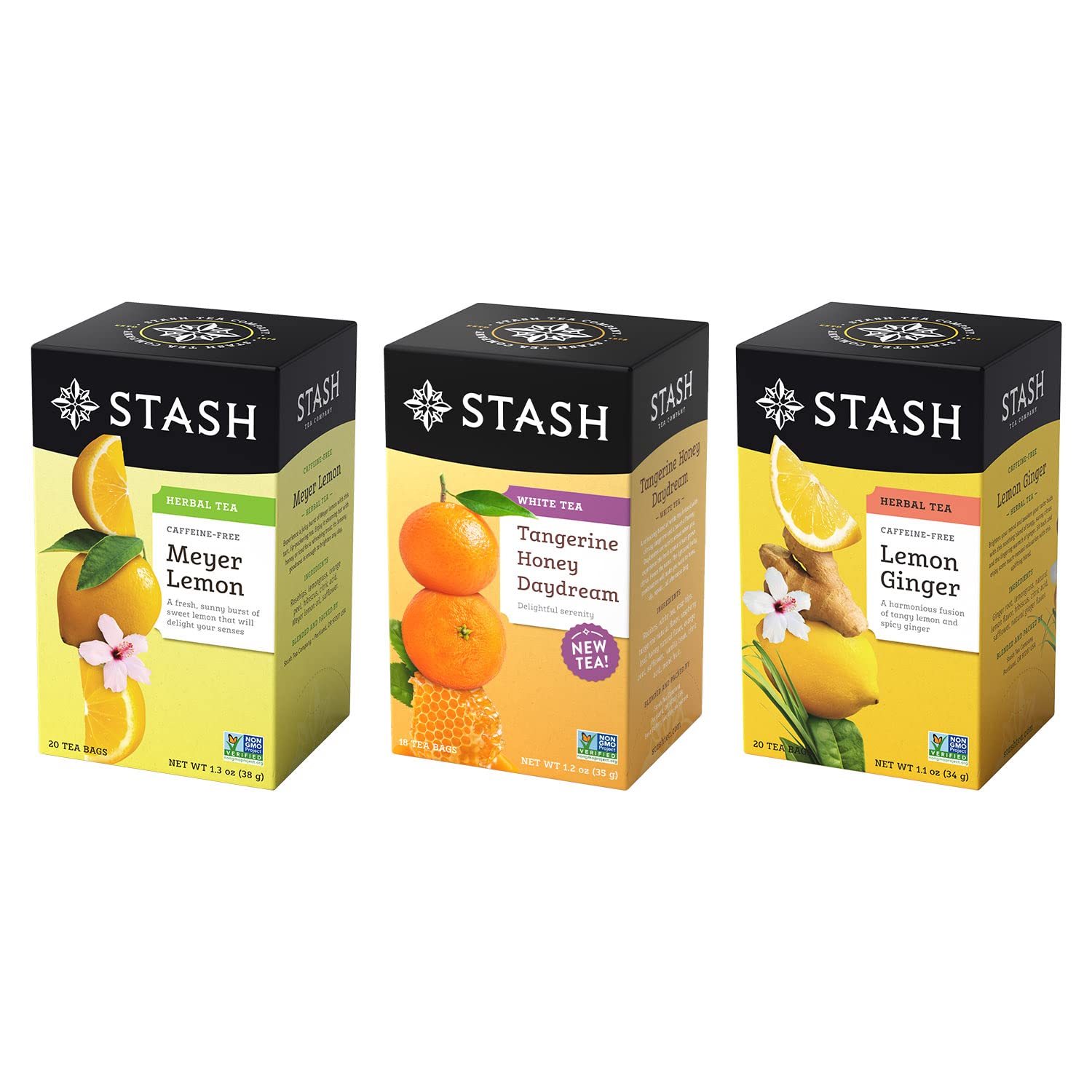 StashTea Bright Citrus Tea Sampler - Assortment of Caffeinated and Decaf Teas, Including Lemon Ginger, Meyer Lemon and Honey Tangerine Tea, 18-20 Count (Pack of 3)