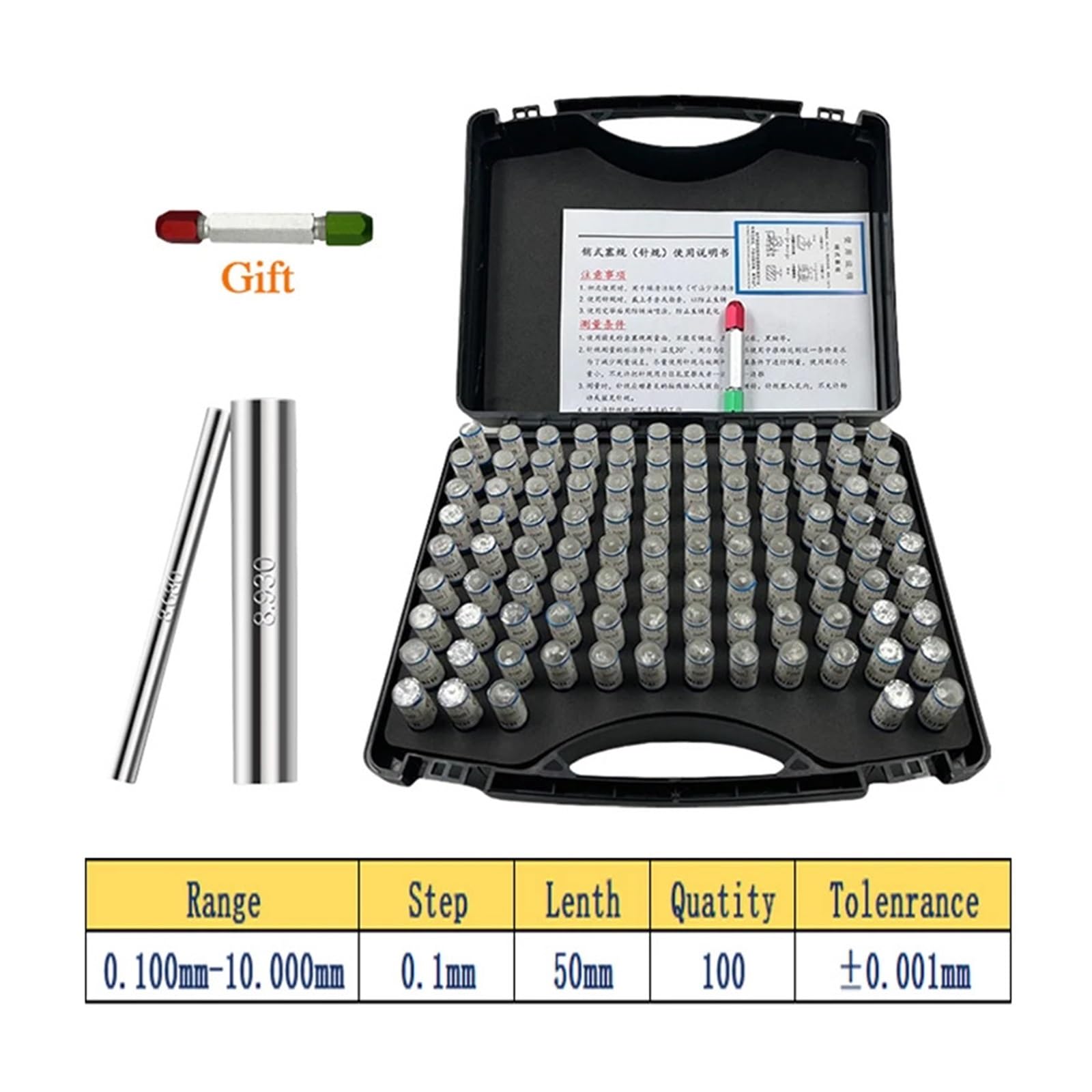 Calibri a Spina Gamma 0,10-10,0 mm, 100 Pezzi, Passo 0,1 mm, Set di calibri di precisione in Acciaio, Calibro a Spina