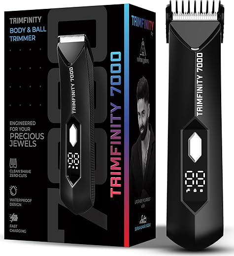 urbangabru Trimfinity 7000 Body Trimmer for Men- Safest Body & Private Part Trimmer - Pubic Hair Groomer, Underarm - Waterproof, Ceramic Blades, Rechargeable with Wireless Fast Charging, Black