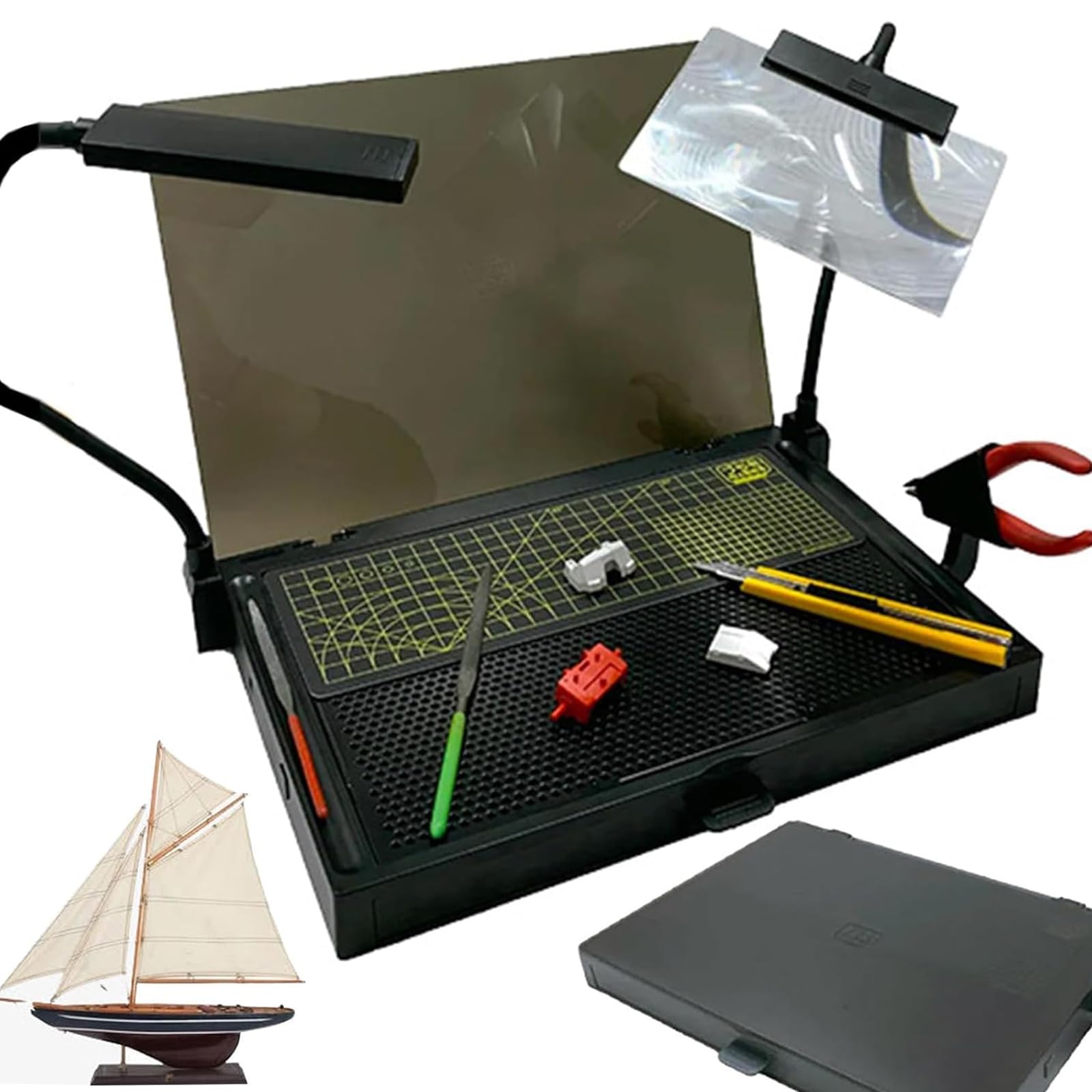 YZHYYDS Gundam Model Kit Tools, Portable Workbench, Portable Model Making Table with LED Light and Magnifier, Storage Drawers, Cutting Mat,and Tool Holder, Portable Assembly Station, for Crafts