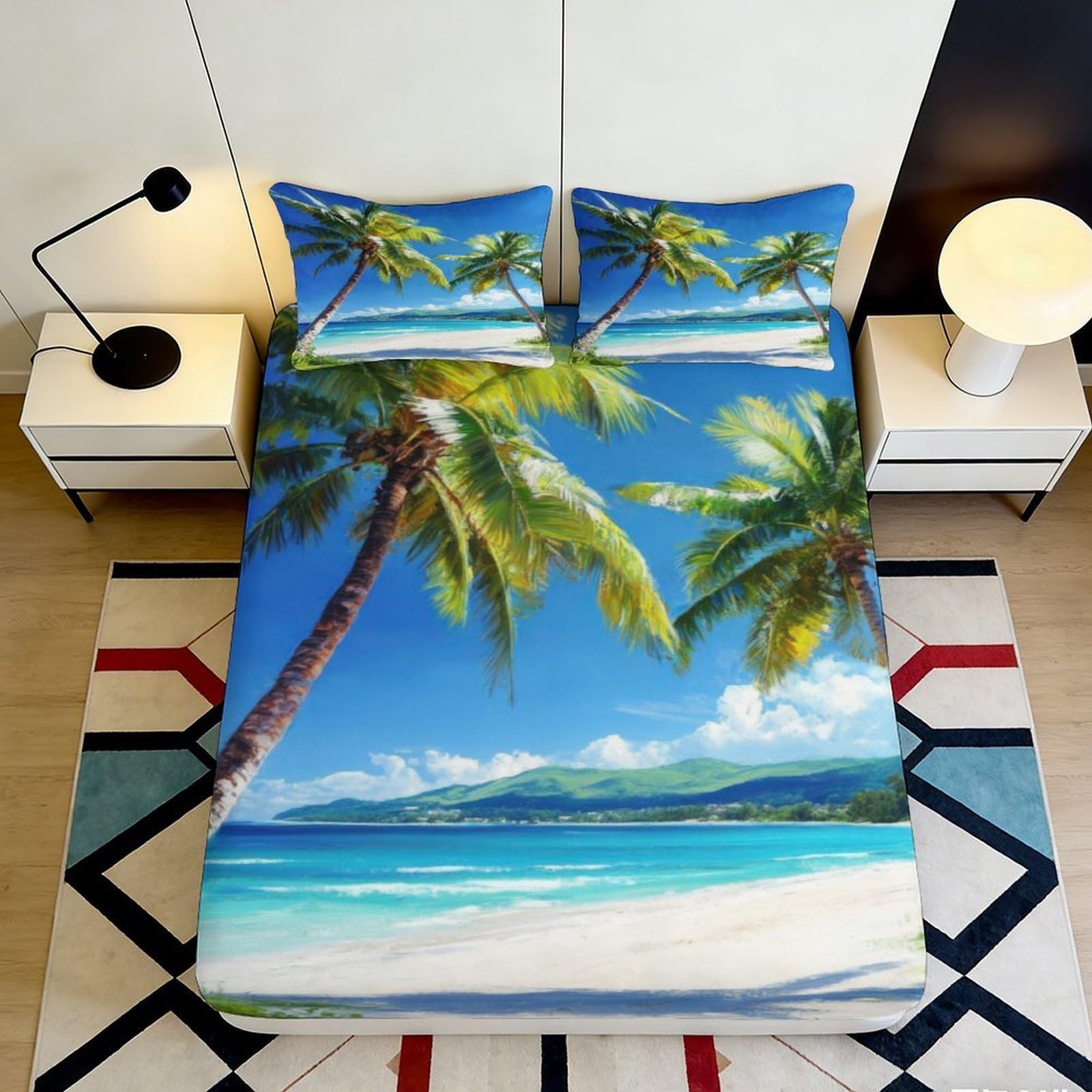 Dhbaneiok Style-3 3D Printed Tropical Beach Palm Fitted Sheet Microfiber Soft Mattress Cover Ocean View Bed Decor For Bedroom Guest Room 90X200x25cm