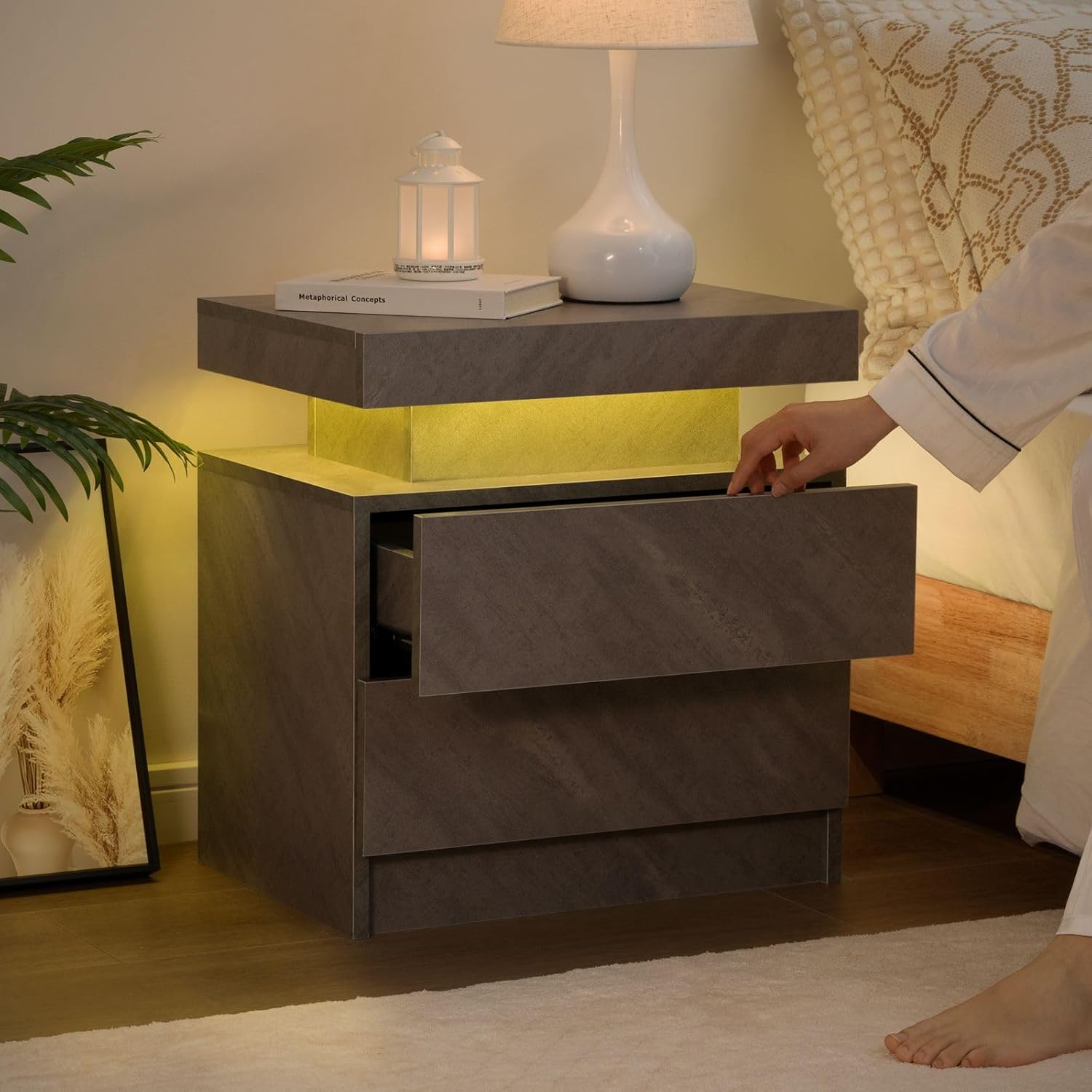 Bingoday LED Night Stand Bedside Table with LED Light Nightstands for Bedroom with 2 Drawers Modern Night Stand for Bedroom