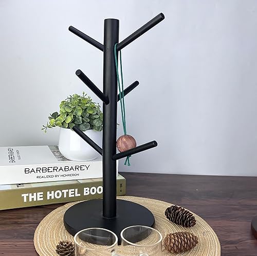 Miniatura 2 de Ahyuan Estante de madera de bambú para tazas de café, té y café, organizador con 6 ganchos extraíble para tazas de bambú (negro, madera)