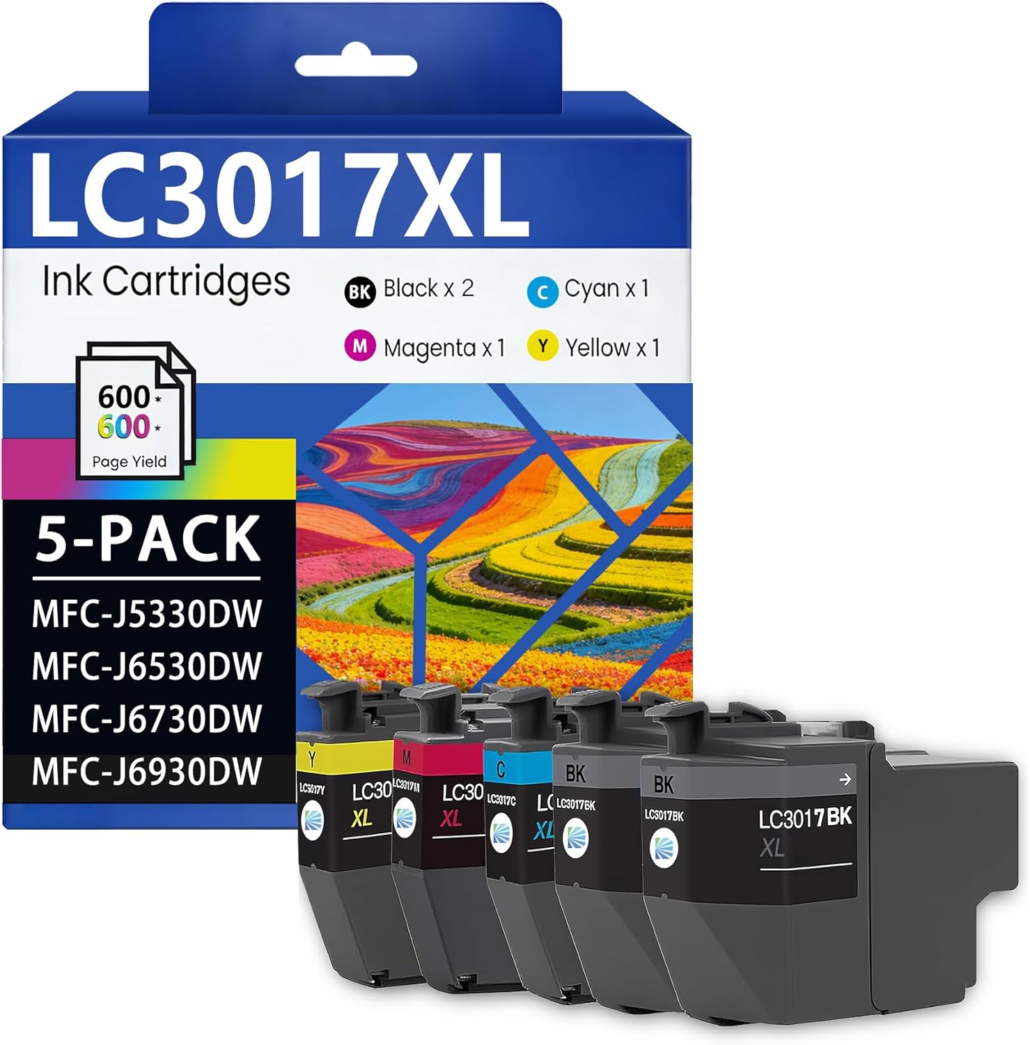 LC3017 XL Ink High Yield Color Ink Cartridges 5-Pack Each LC3017BK LC3017C LC3017M LC3017Y Replacement for Brother LC3017 Ink Cartridges for MFC-J5330DW MFC-J6530DW MFC-J6930DW Printer (2BK/C/M/Y)