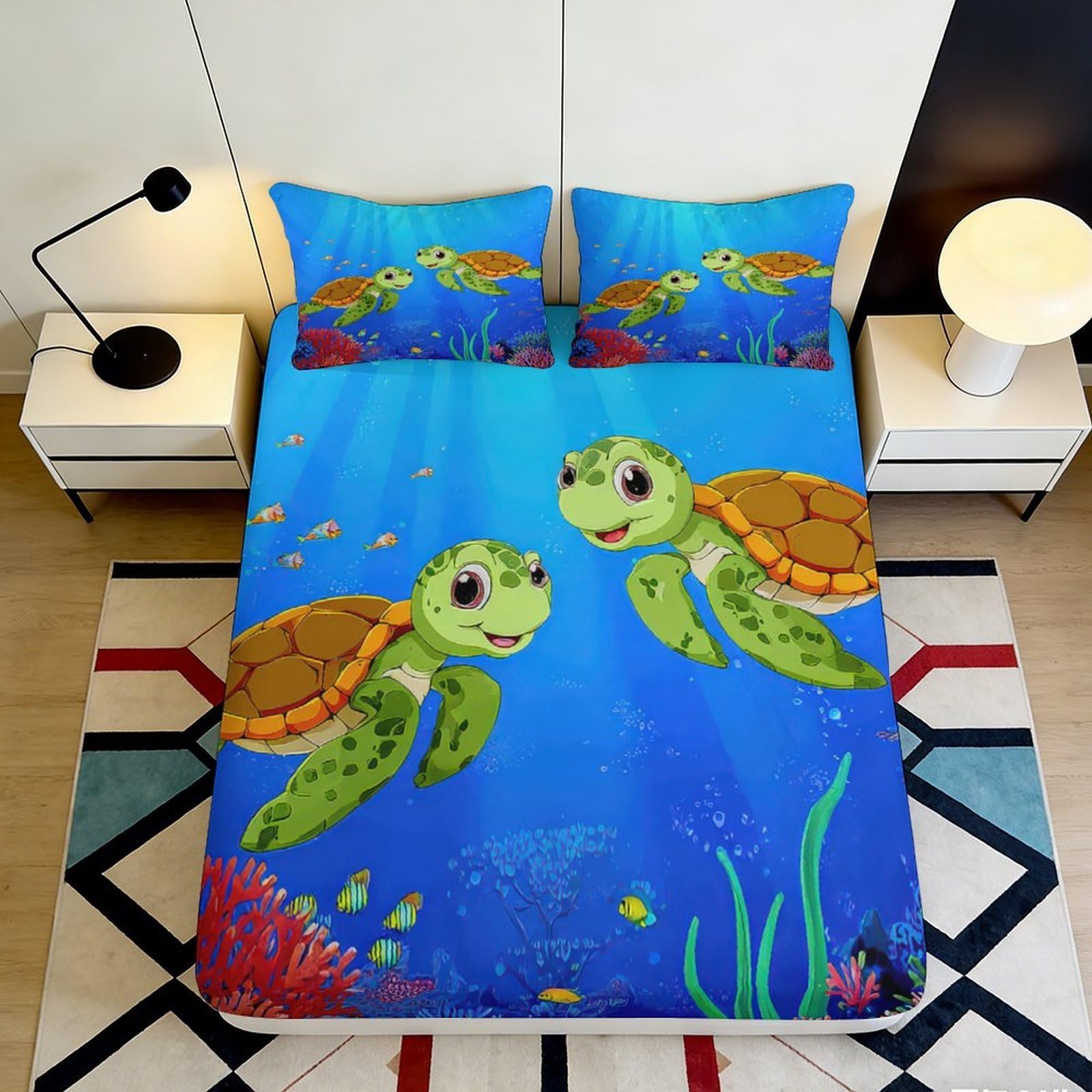Uxinyoume Style-10 3D Printed Sea Turtle Fitted Sheet Microfiber Soft Blue Ocean Coral Mattress Cover For Bedroom Dorm Mattress Protection Decor 90X200x25cm