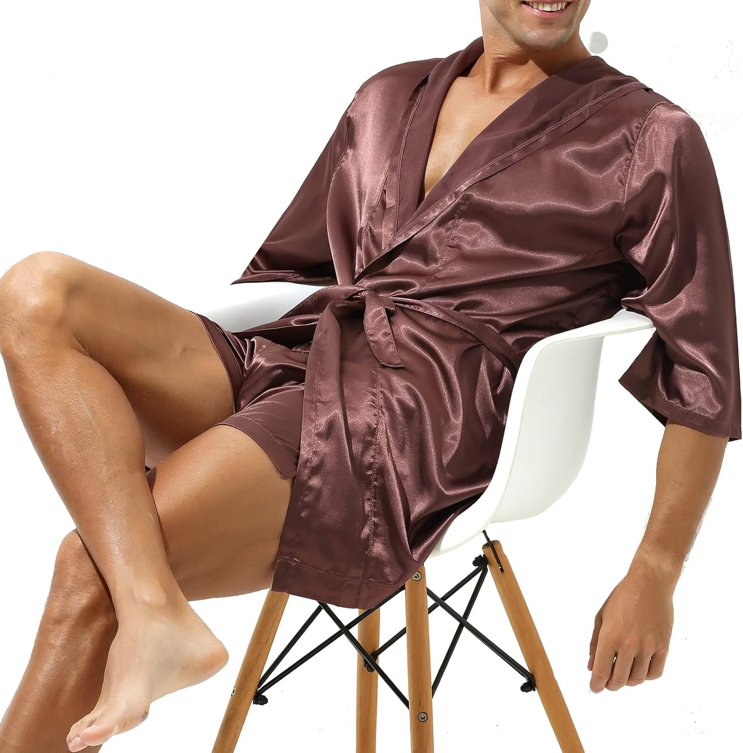 YUFEIDA Mens Satin Robe Silky Bathrobe with Shorts Lightweight Sleepwear Luxurious Pyjama Set Hooded Nightgown with Shorts