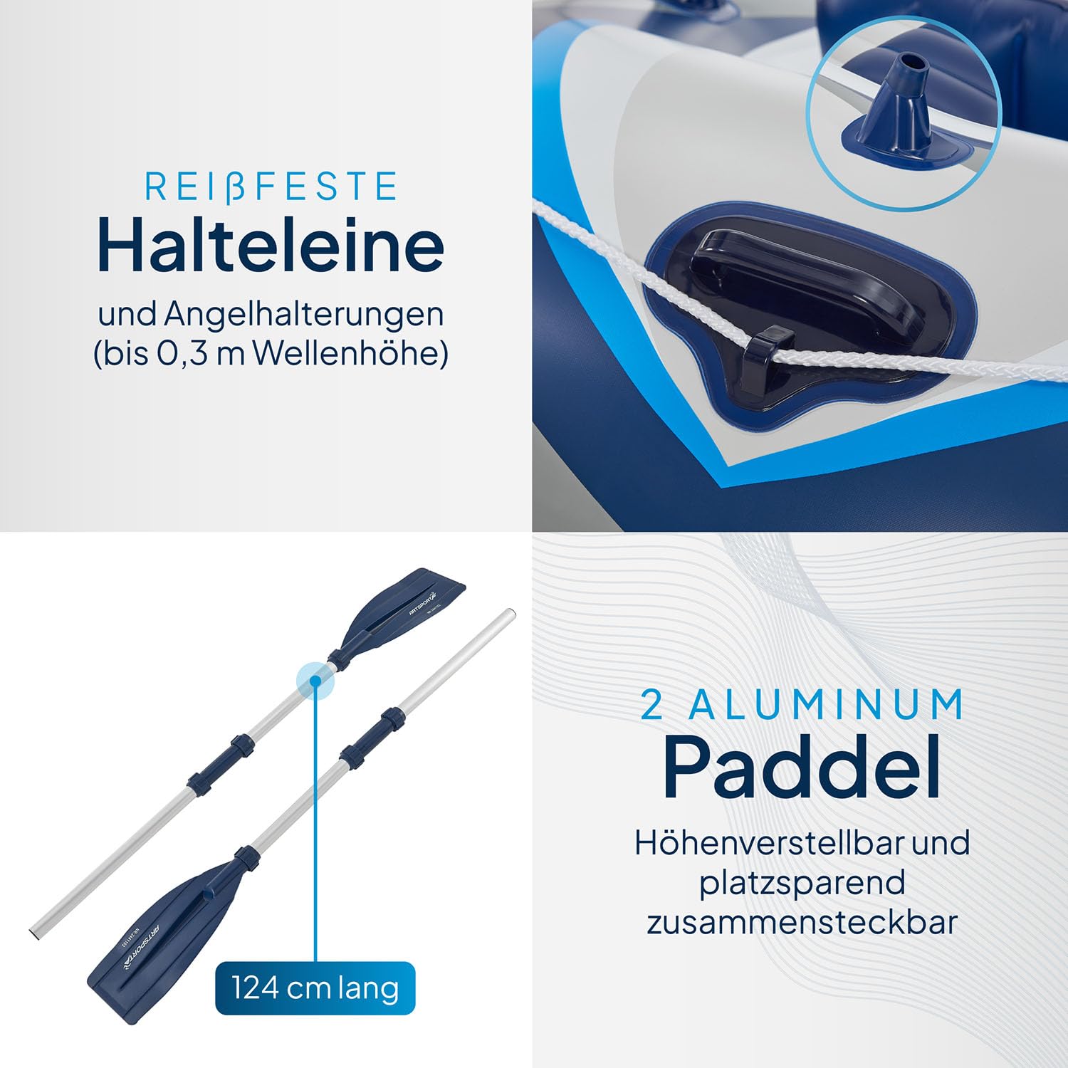 ArtSport Schlauchboot 322 cm für 4 Personen – Aufblasbares Paddelboot mit 2 Sitzbänken, PVC Ruderboot inkl. Luftpumpe, Paddel, Tasche & Reparaturset