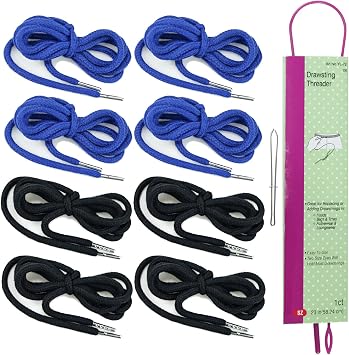 Hoodie Drawstring Replacement String Cord YZSFIRM 8 Pcs Pants Drawstrings for Sweatpants Shorts - 51 inch Long Blue Black Draw Strings with 2 Threader Tool