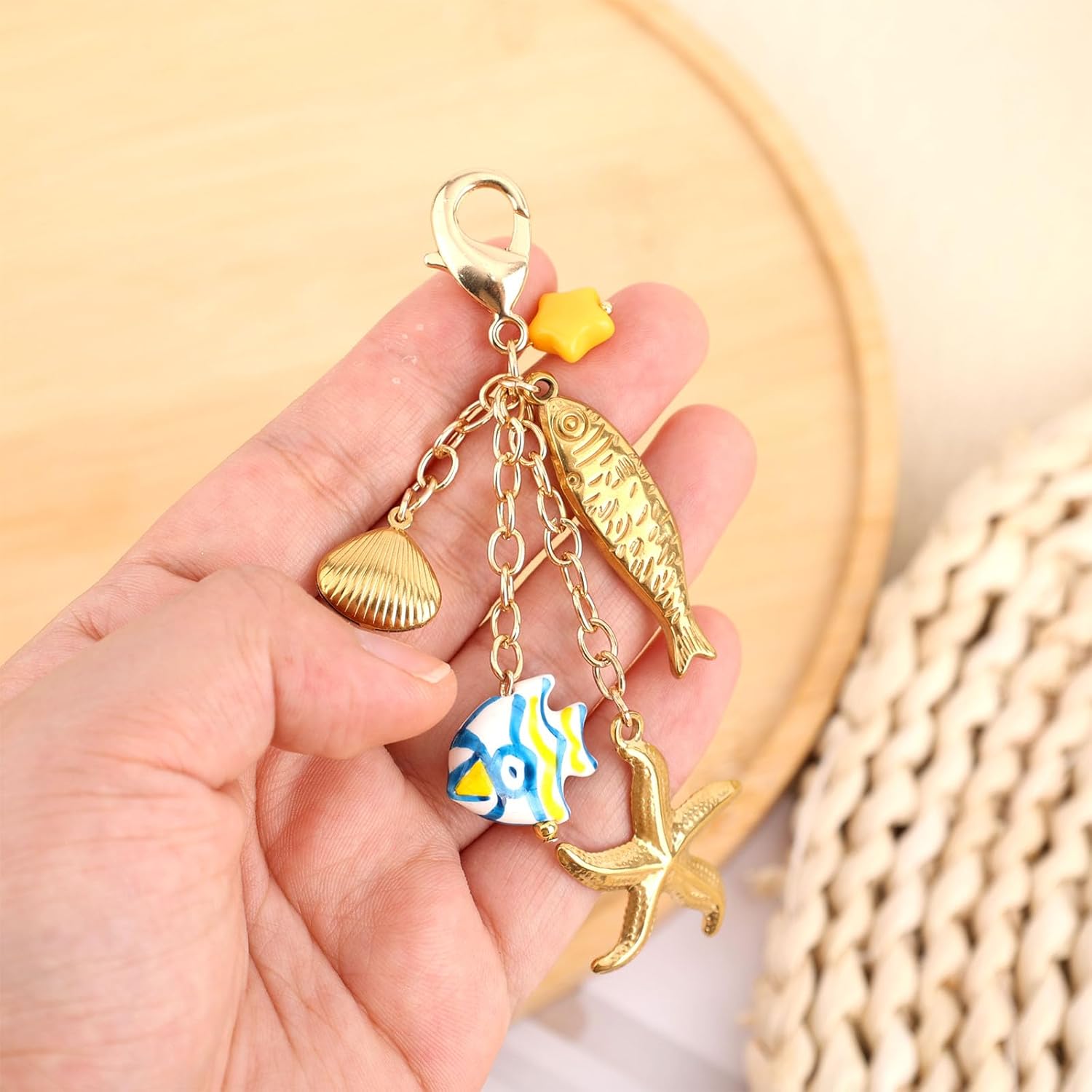 Gold Beach Keychain, Cute Seashell Fish Starfish Bag Keyring Charm Summer Ocean Key Chain Purse Charms for Handbags Accessories Girls Women Gifts - Image 5